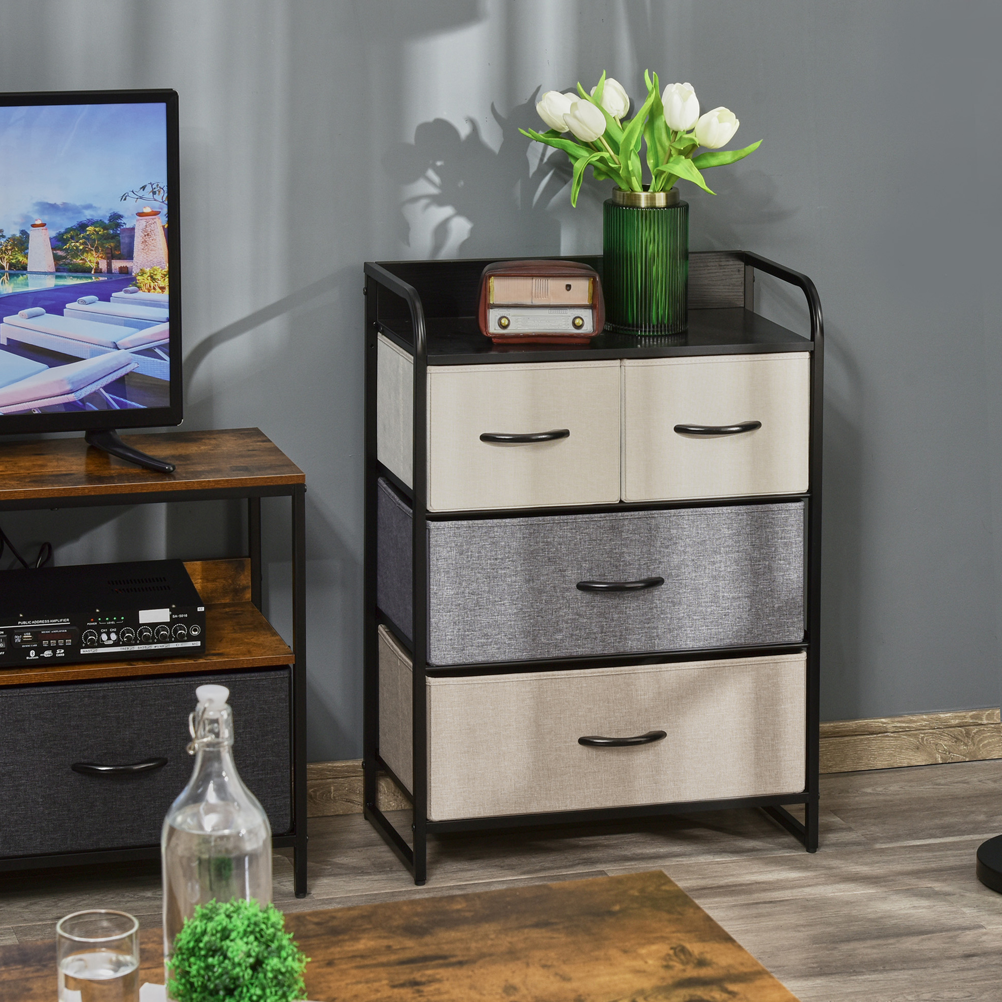 HOMCOM Aufbewahrungsschrank Kommode mit 4 Stoffschubladen 58 x 29 x 78,5 cm Schwarz Grau Creme Beige