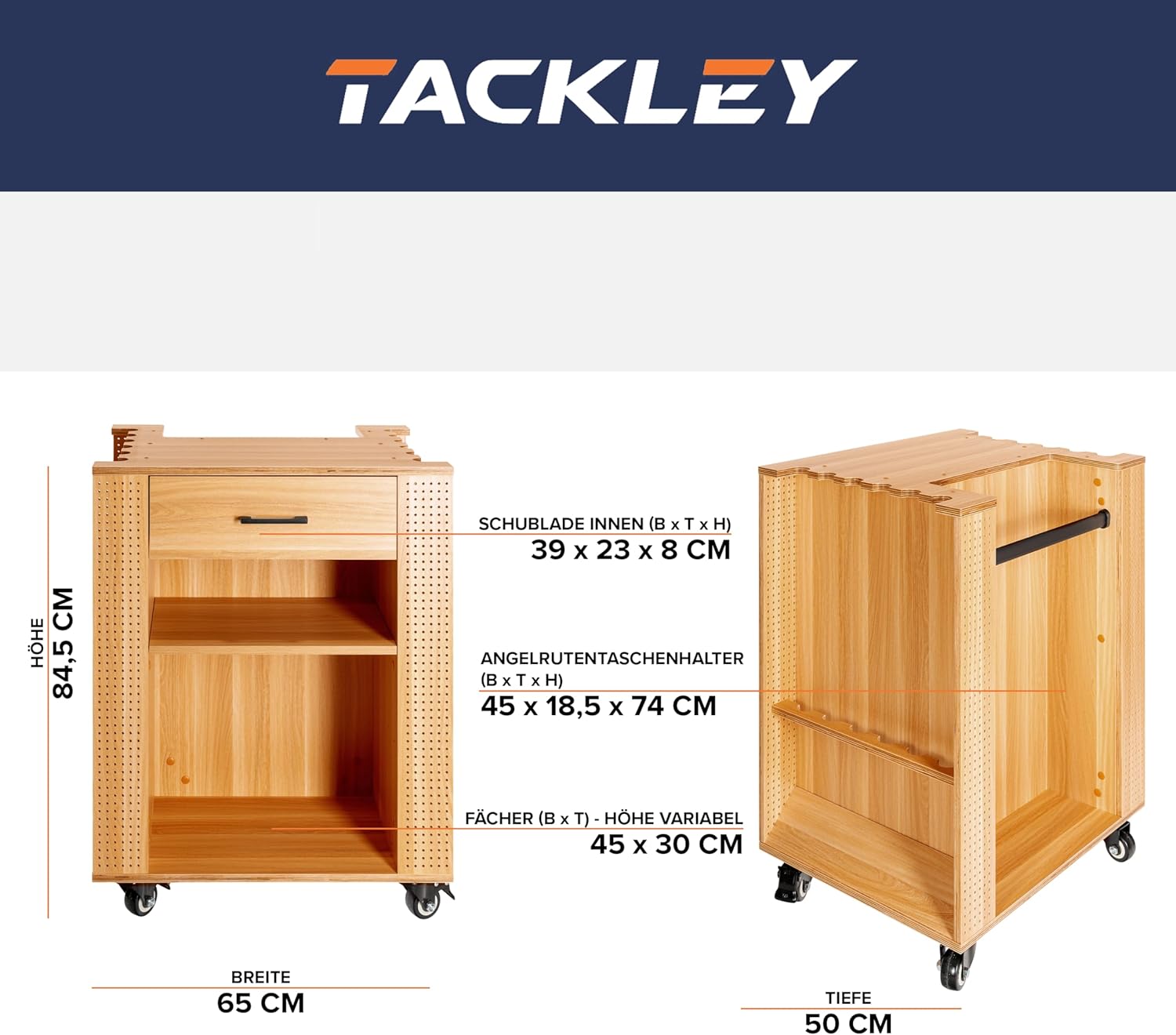 Angelschrank zur Aufbewahrung von Angelausrüstung, 65x50x84,5 cm, Farbe Kiefer, Halter für 12 Angelruten, optionale Halter für bis zu 8 Angelrollen, Schubladen und Fächer für Angelzubehör