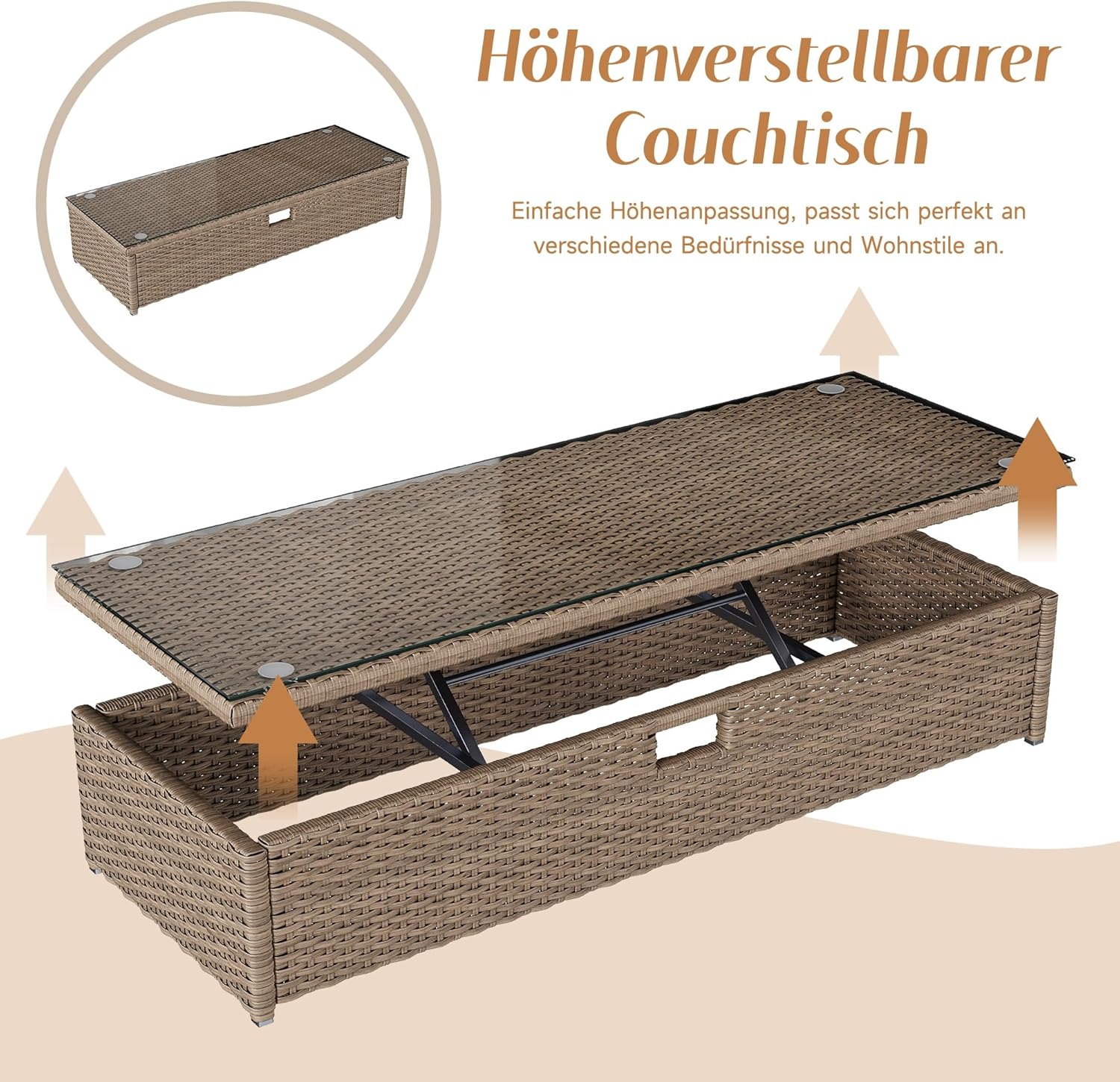 Polyrattan Gartenmöbel für 2-4 Personen, Gartensofa, Loungesofa, Verstellbarer Couchtisch, Abnehmbare Markise, PE-Rattan und Schwamm, Khaki