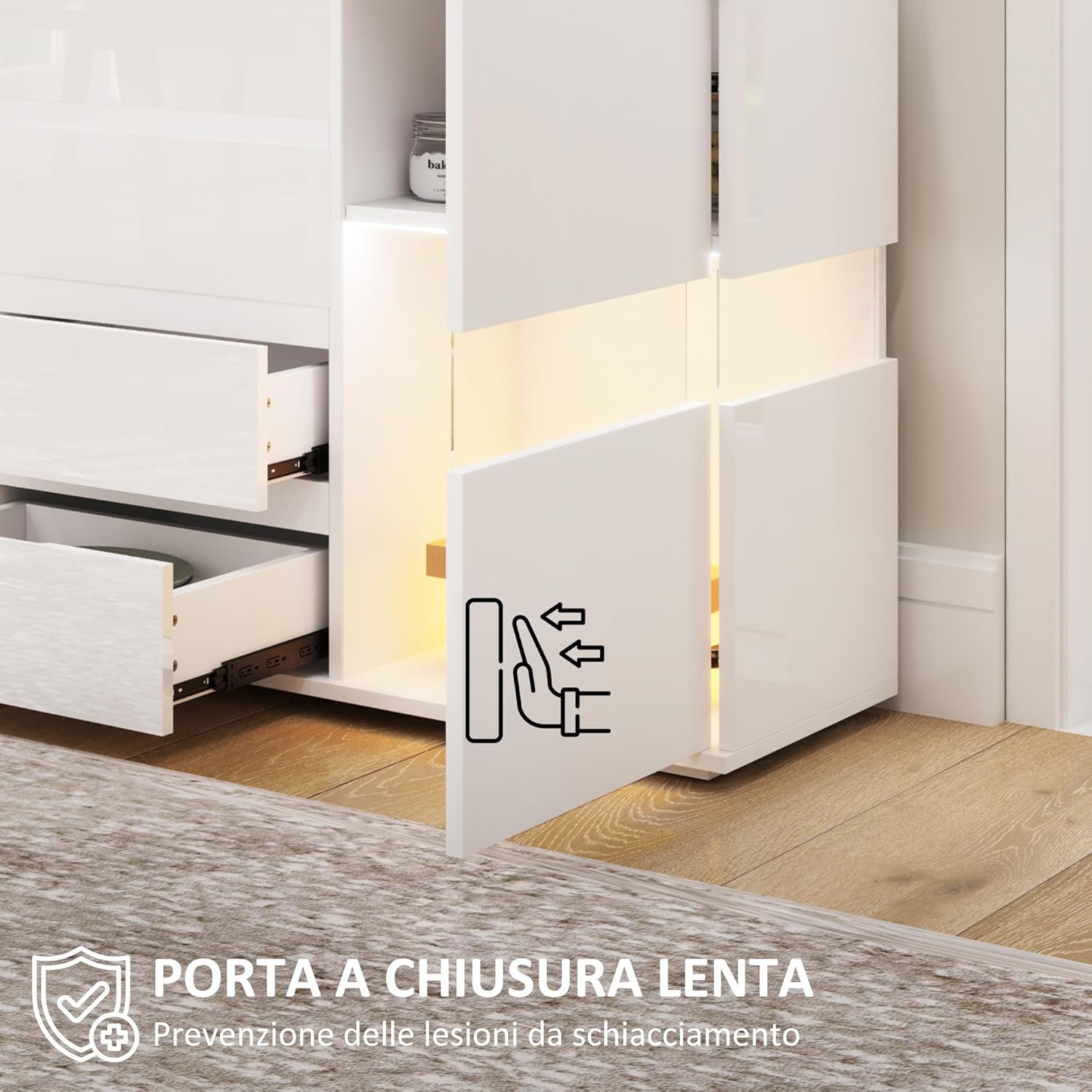 HOMCOM Credenza Moderna con Luce LED Regolabile con Telecomando, Mobile da Salotto con 4 Cassetti e 2 Armadietti, 120x34x70 cm, Bianco