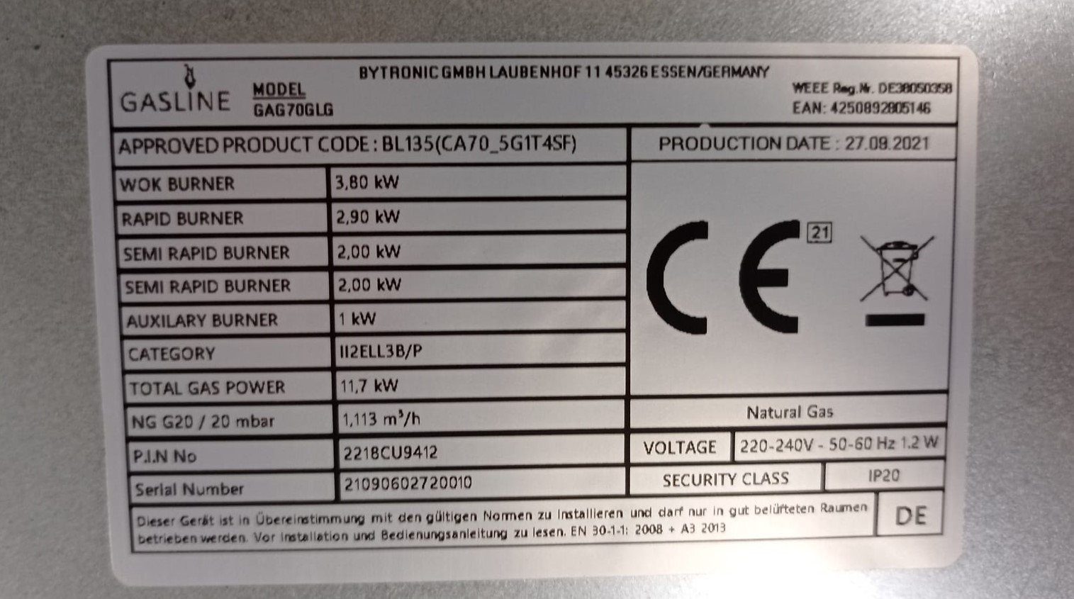 Gas-Kochfeld Einbau mit elektrische Zündung und Zündsicherung, 70cm breit, 5 flammig, 3,8kW Wok Brenner, autark GAG70GLG