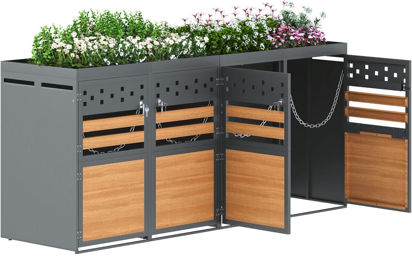 Billg Mülltonnenbox, 264 x 80 x 125 cm, 240 Liter, Anthrazit, Mülltonnenverkleidung mit Pflanzdach für Mülleimer 120