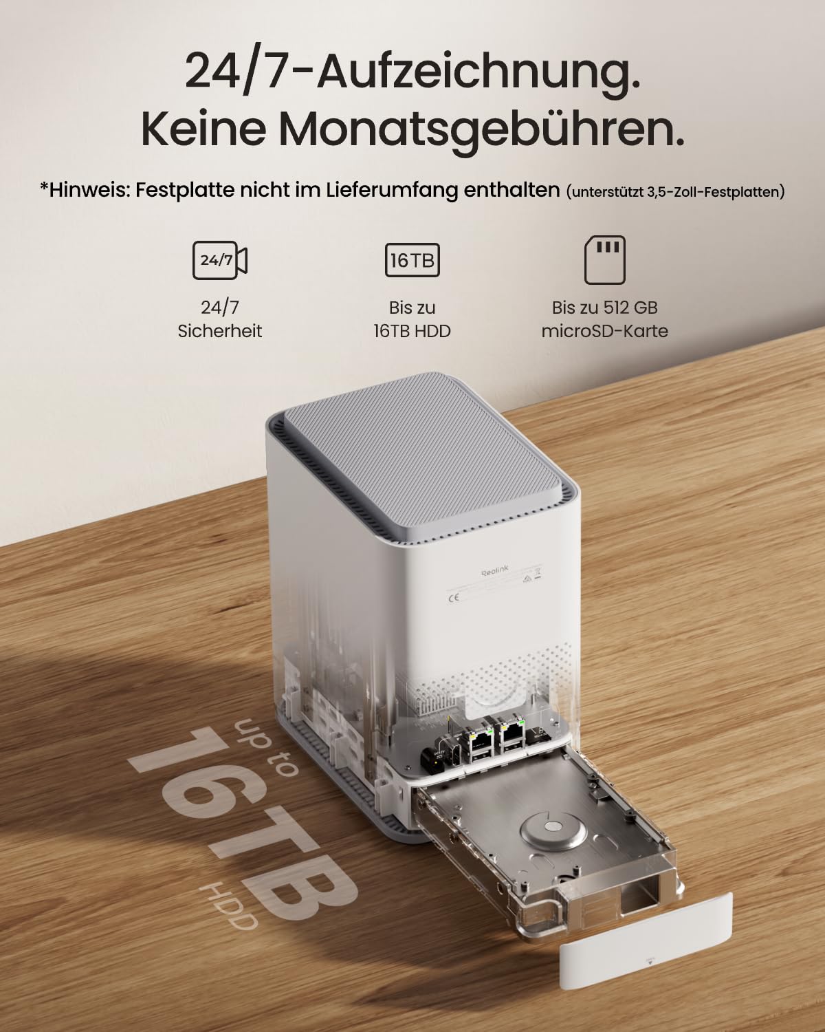 Lokaler Überwachungsspeicher für bis zu 12 Kameras, unterstützt 16TB HDD und 512GB SD-Karte, AES-128-Verschlüsselung, Wi-Fi 6, HDMI, ohne Festplatte
