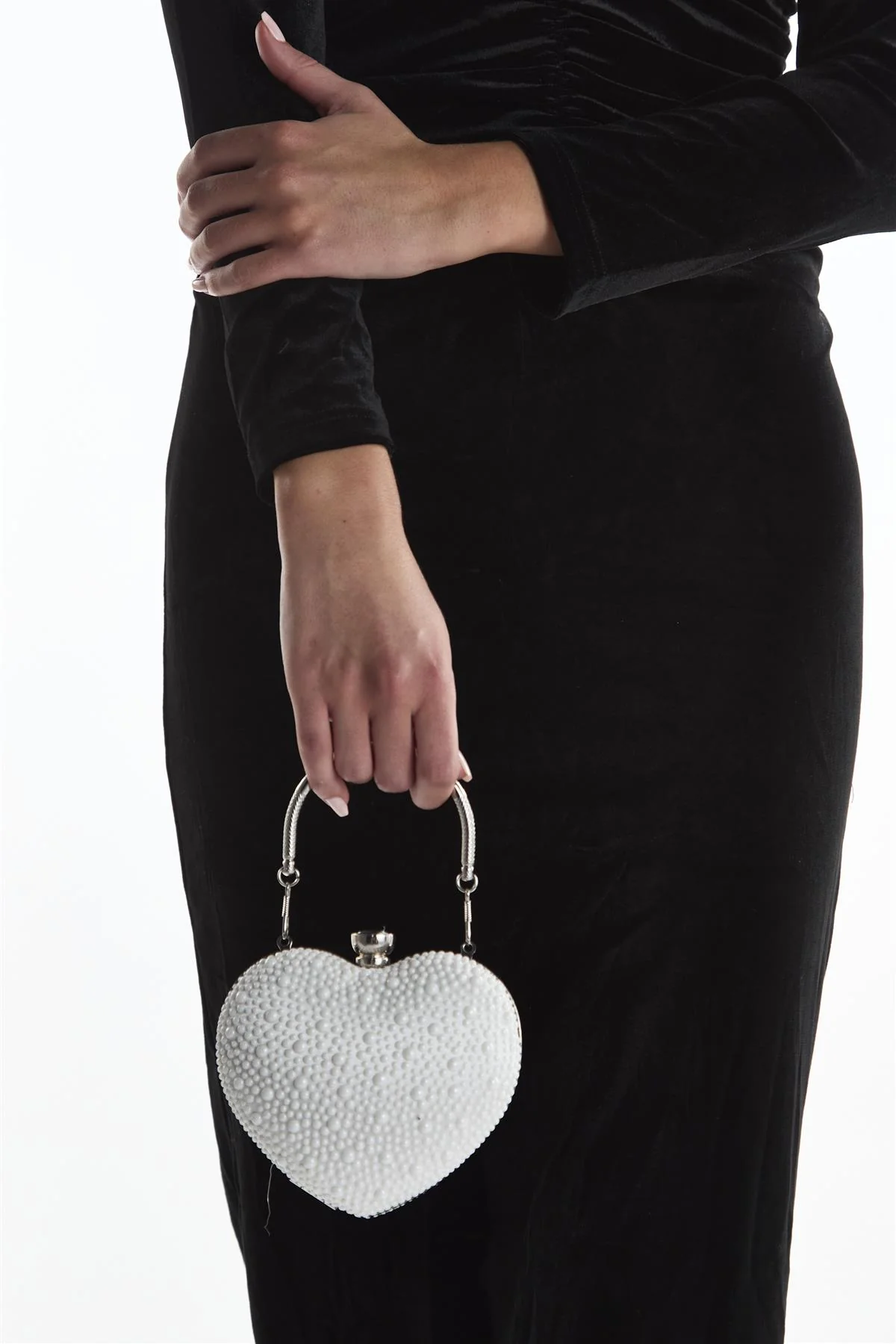 Silver & Pearl Embellished Heart Shape Purse