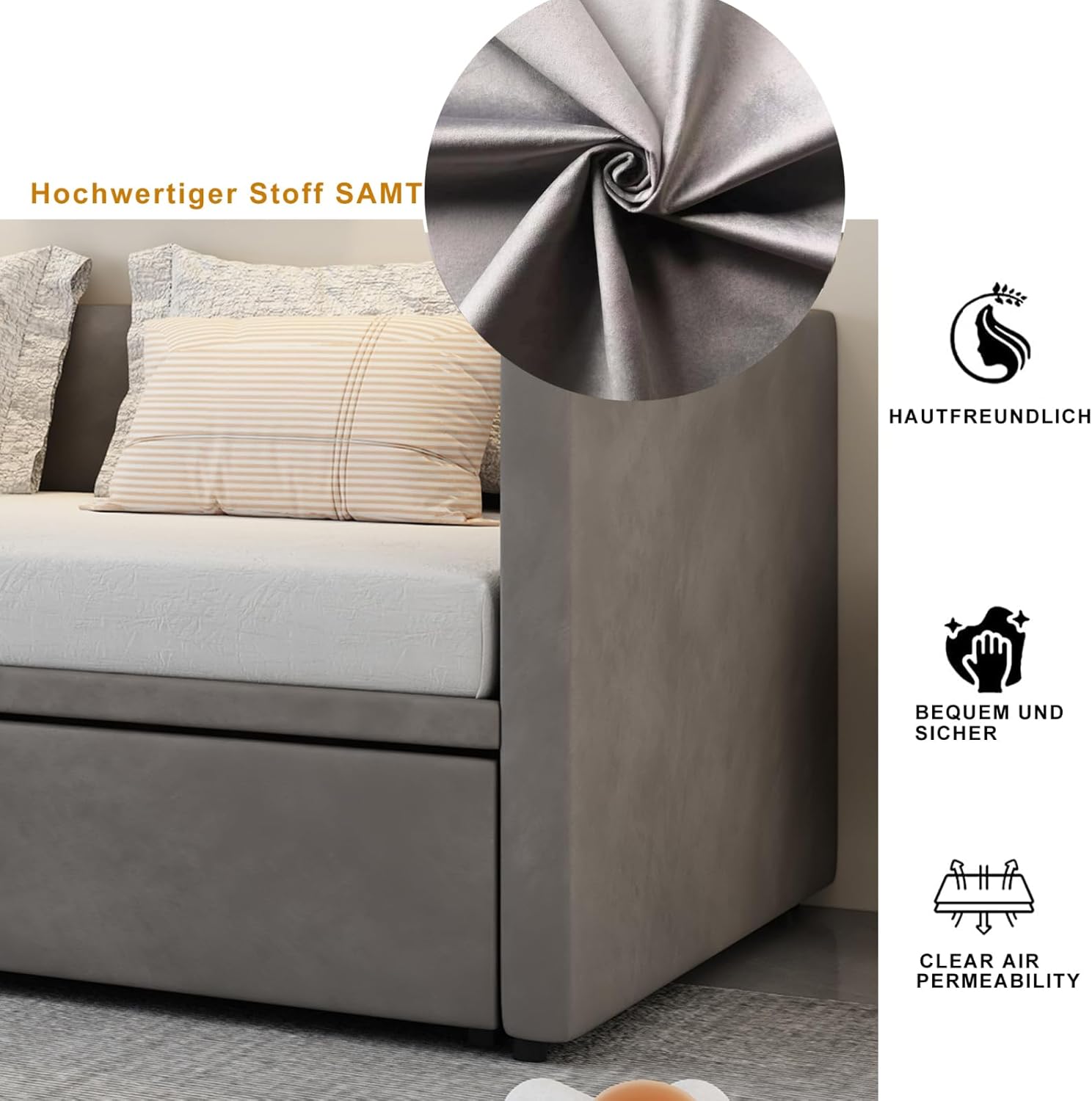 Divano letto estensibile 90/180 x 200 cm, letto matrimoniale, singolo con estraibile, con rete a doghe, tessuto in velluto delicato sulla pelle, Nessun materasso, grigio