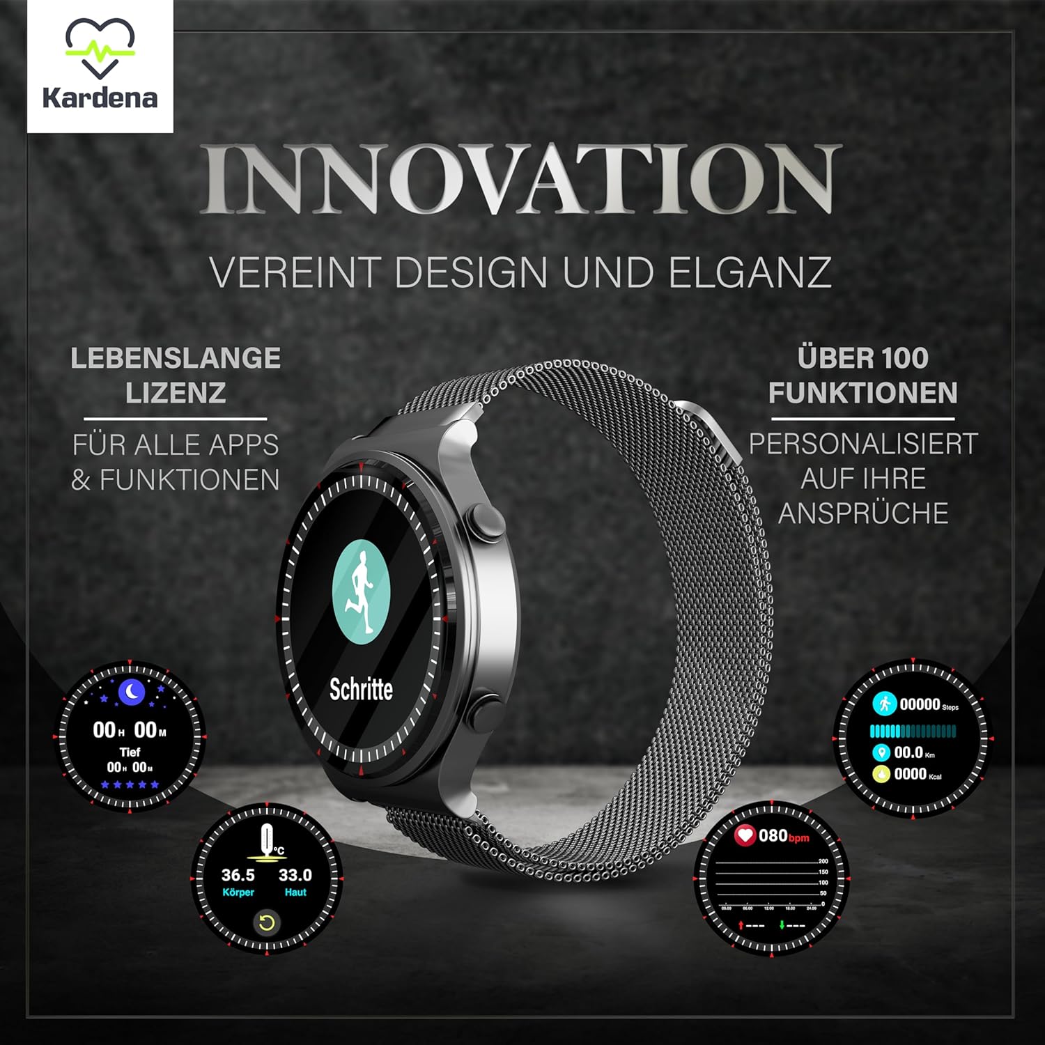 Kardena Care Pro 2 Gesundheitsuhr GPS IP68 wasserdicht für Android und iOS - Smartwatch mit Blutdruckmessung Blutsauerstoffmessung EKG Pulsmesser Vorhofflimmern Schrittzähler - Fitness Tracker