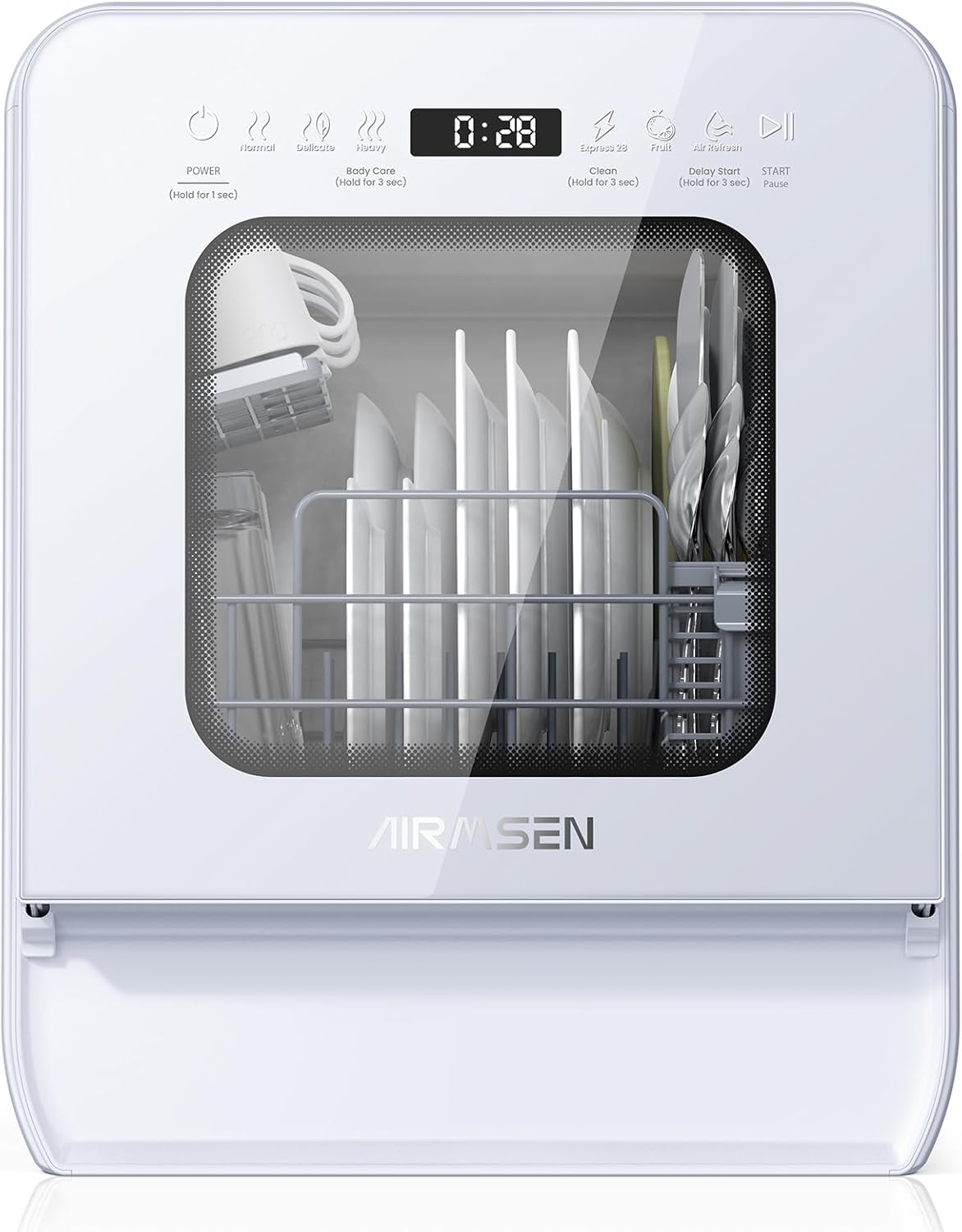 Desktop dishwasher set, double-layer shelf design, portable dishwasher, built-in 5-liter water tank, 3 spray arms, 12-hour delay start, no need to connect power supply, white model