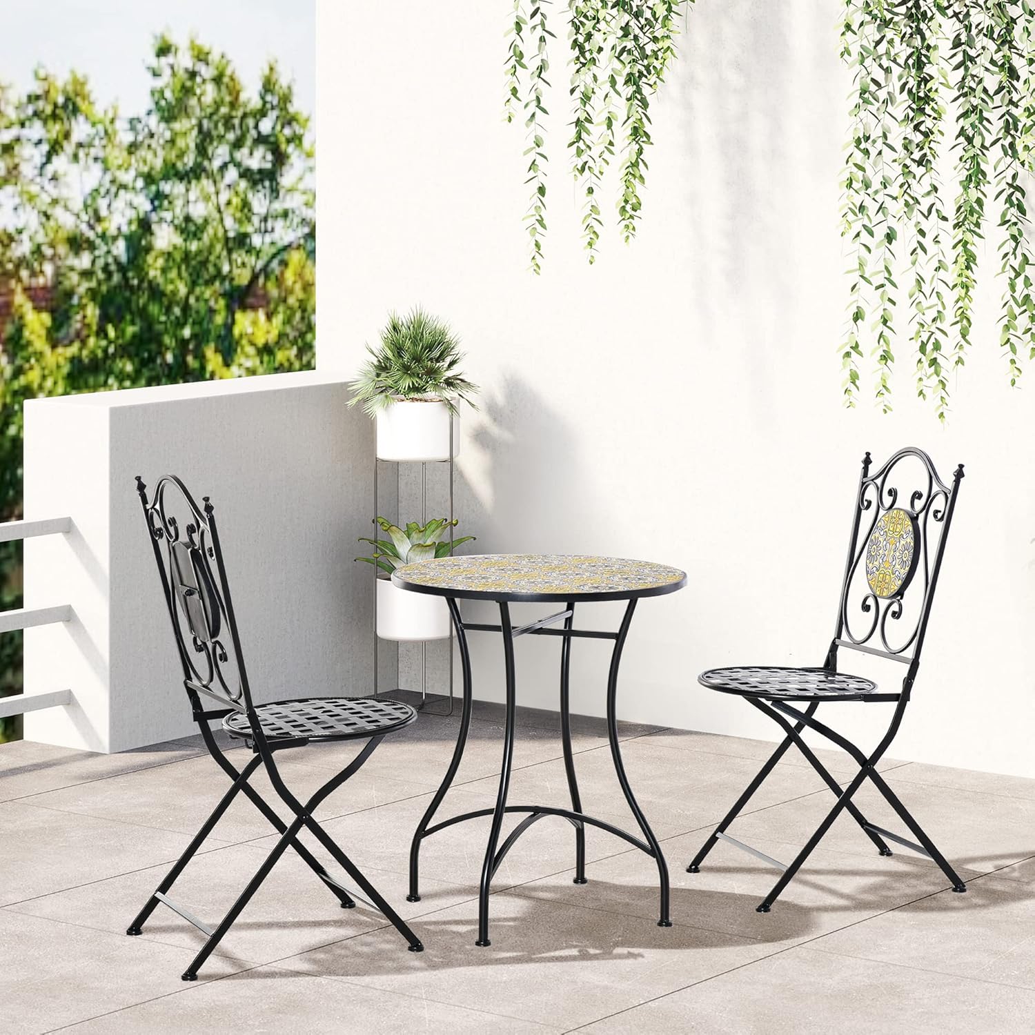 Outsunny 3-Piece Balcony Table and Chairs Set, Folding Metal Garden Set with Colourful Majolica, Multicoloured
