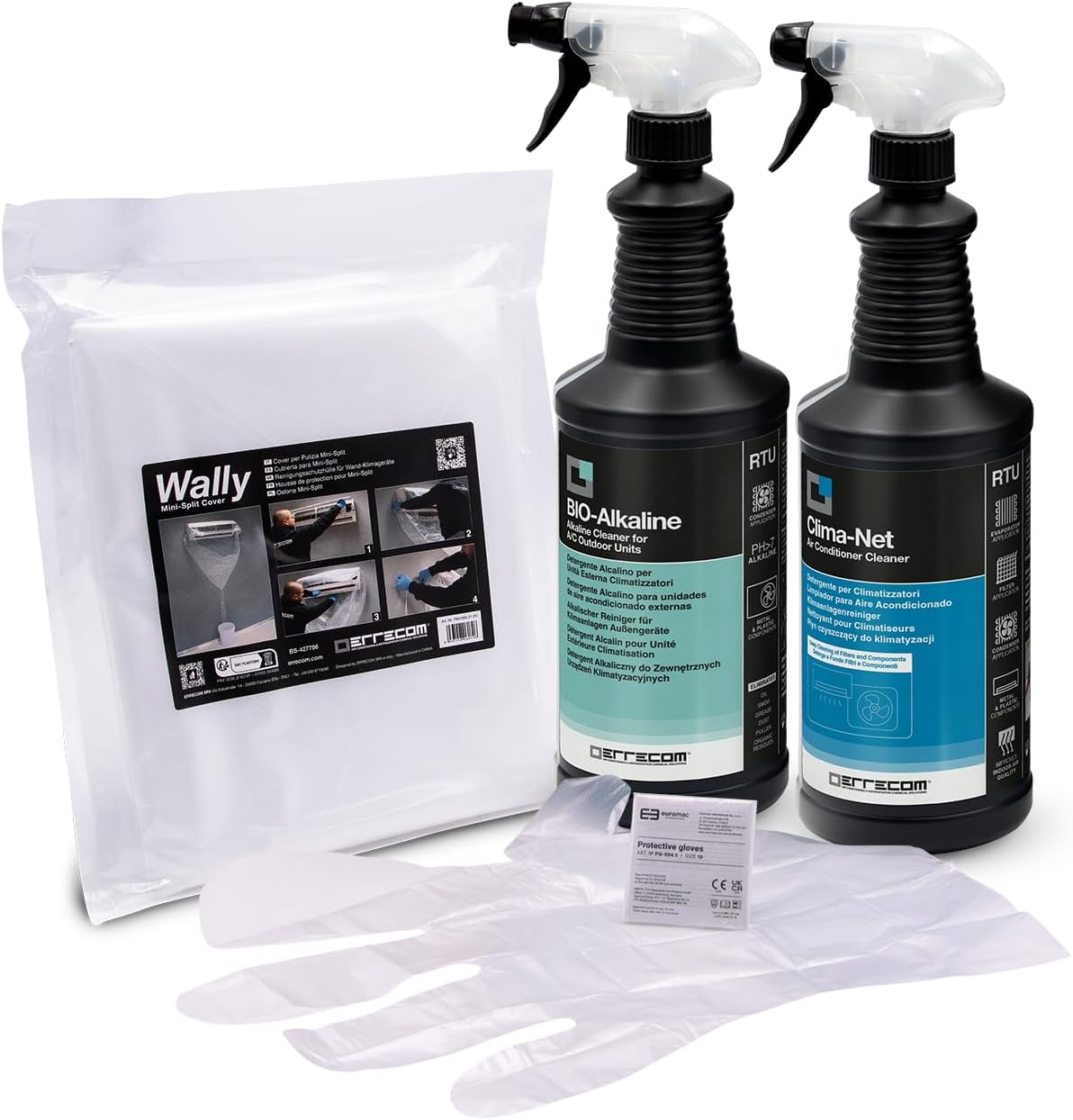 Errecom Kit pulizia completa climatizzatori, include Clima-Net 1L e cover Wally per pulizia unità interna e filtri, Bio Acid e Bio Alkaline 2L detergenti biodegradabili pulizia unità esterna, guanti
