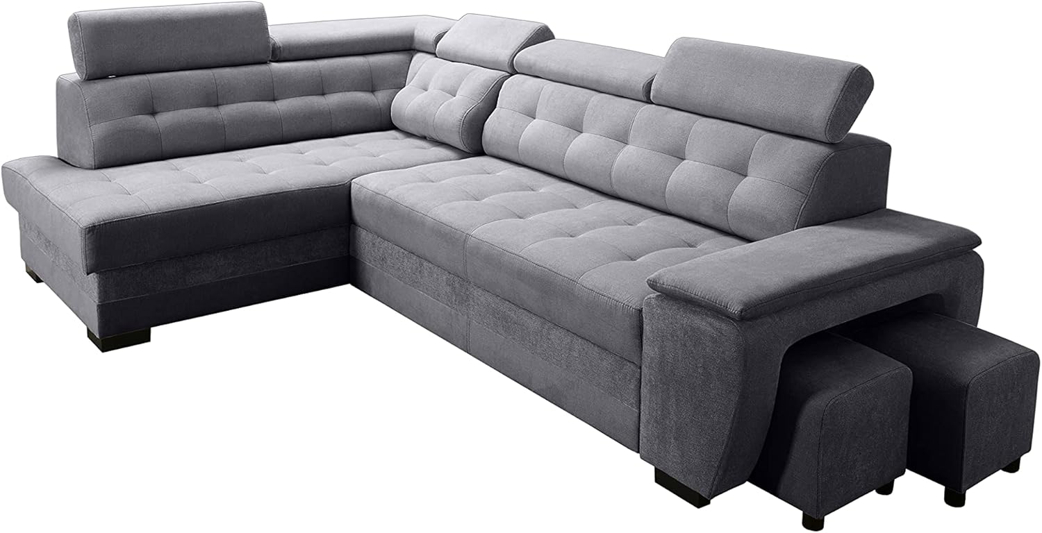 Robin Grand Divano angolare con funzione di letto cassetto per la biancheria due pouf poggiatesta regolabile angolo a sinistra grigio scuro 277 x 180 x 100