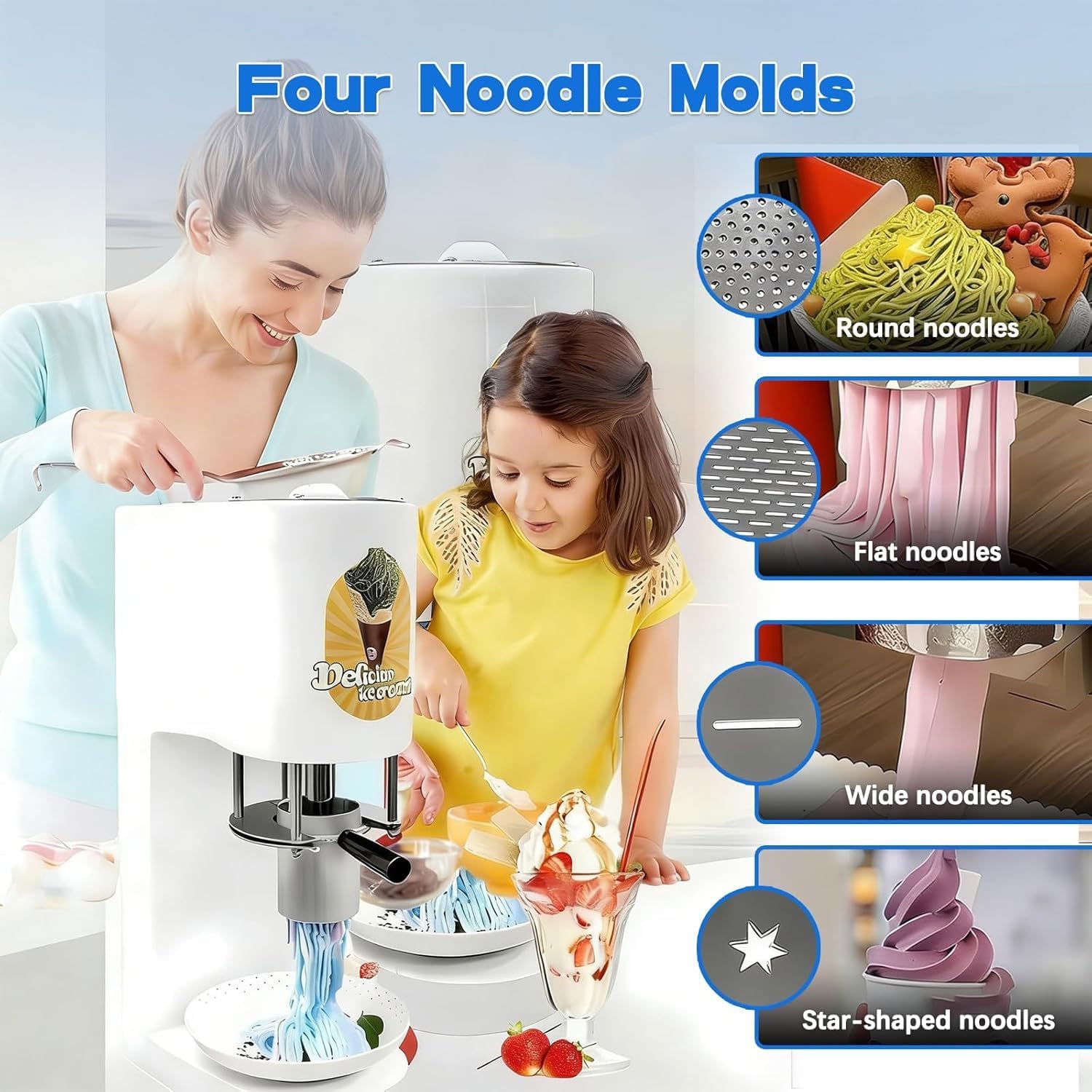 Kommerzielle Spaghetti-Eismaschine, 28–30 l/h, professionelle Gelato-Eis-Nudelmaschine mit 4 verschiedenen Nudelformen, for Catering und Soft-Serve-Läden(Red)