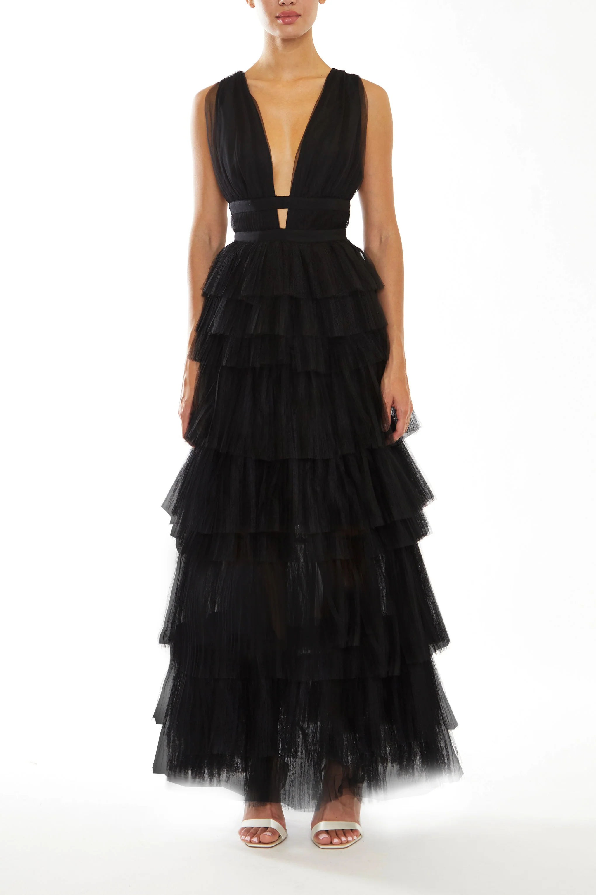 Eliza Black Plunging Neck Layered Tulle Maxi Dress �C Evening Gown