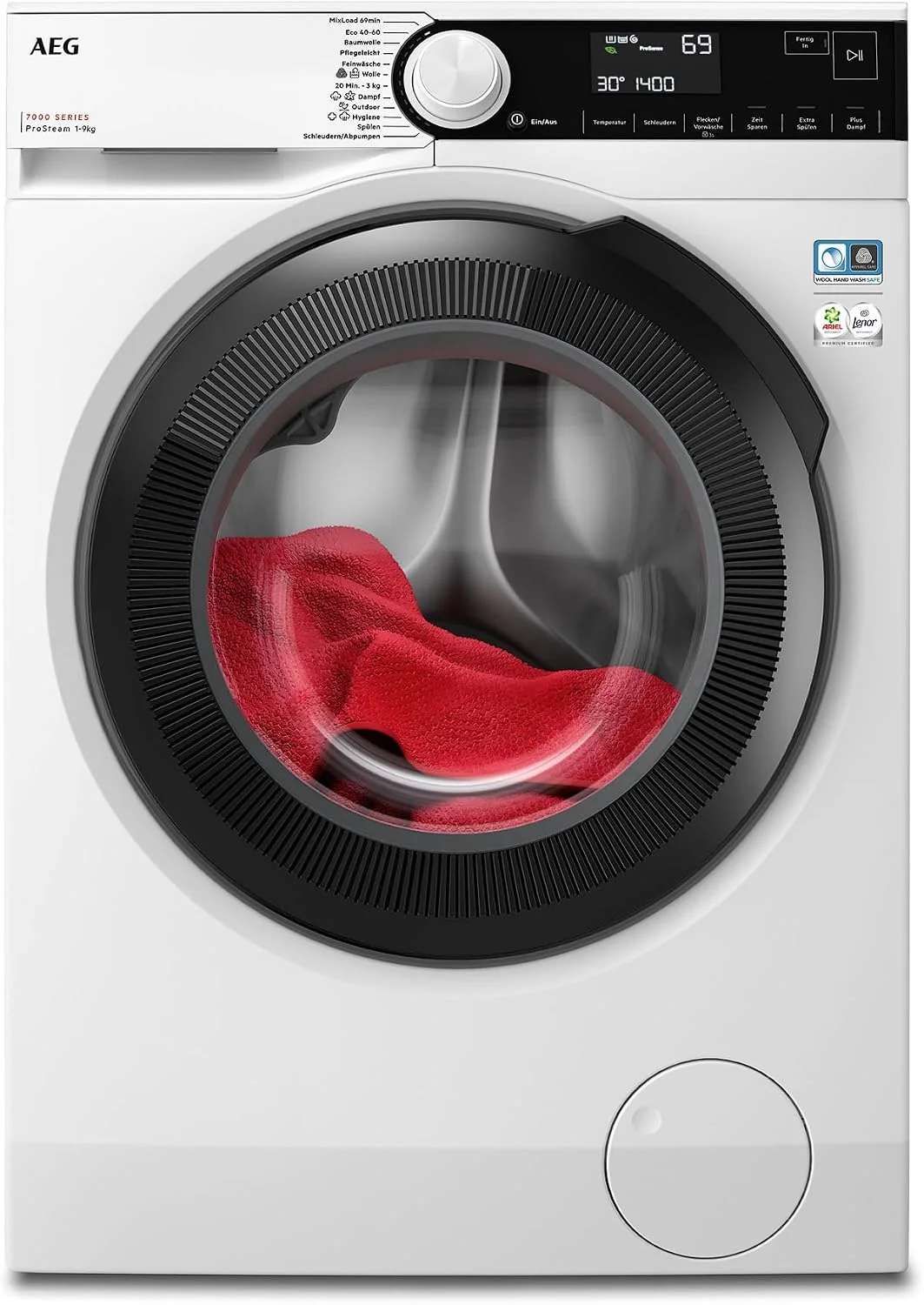 AEG Waschmaschine, 9 kg, Weiß/Schwarz, Serie 7000, ProSteam - Dampffunktion, Energiesparend, Mengenautomatik, Nachlegefunktion