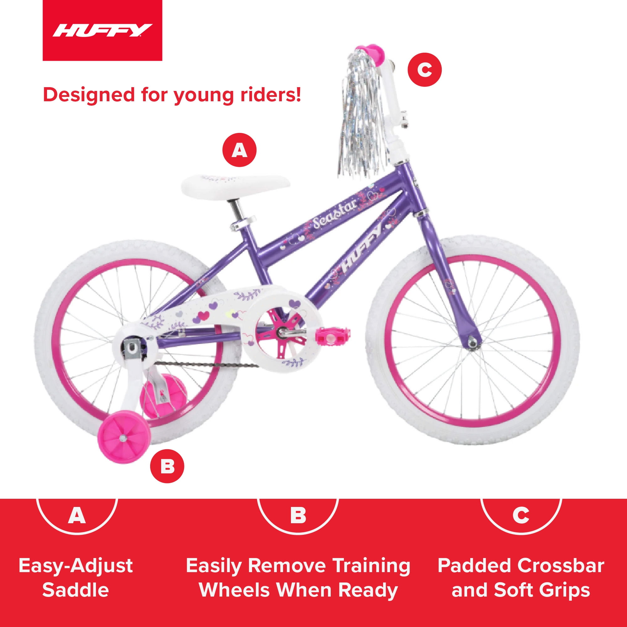 Huffy Sea Star 18&prime;&prime; Kids Bicycle, Purple, Ages 4 , Training Wheels, Single Speed