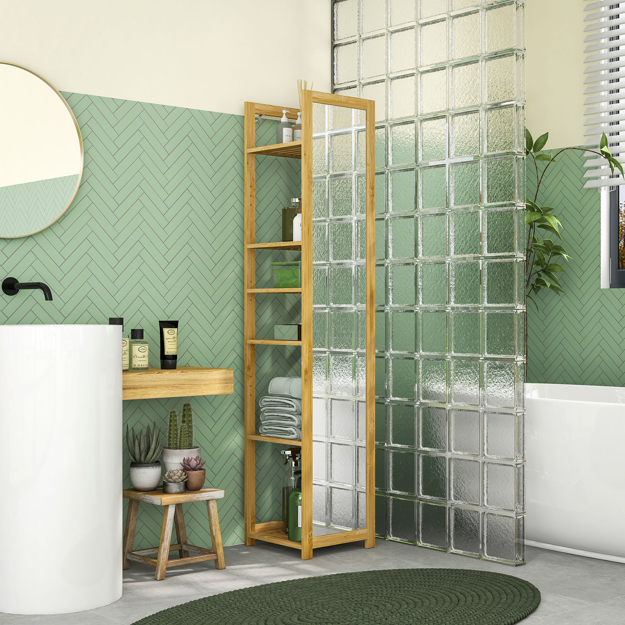 HOMCOM Bambus Hochschrank für Badezimmer mit Spiegel, 6 Regalen, Naturholz, 35B x 35T x 168H cm
