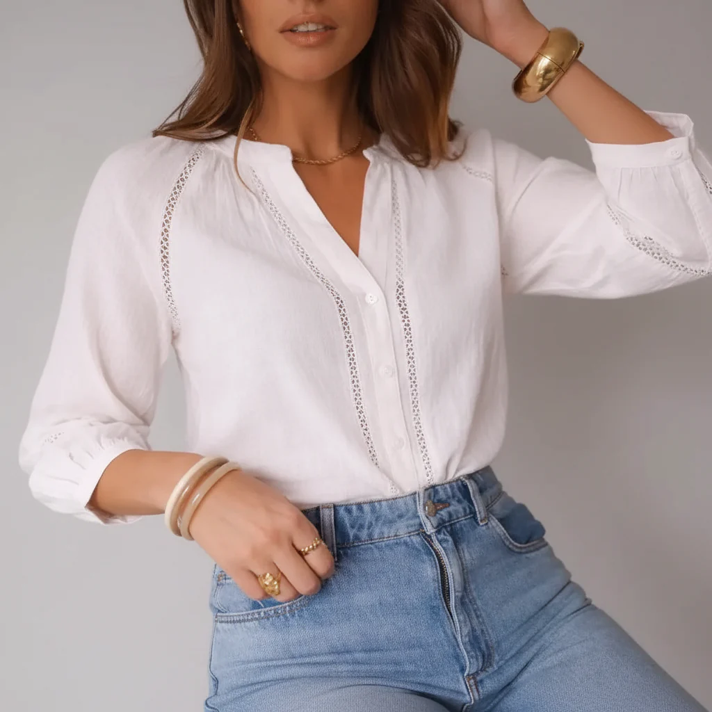 White Cotton Openwork Blouse by In April 1986