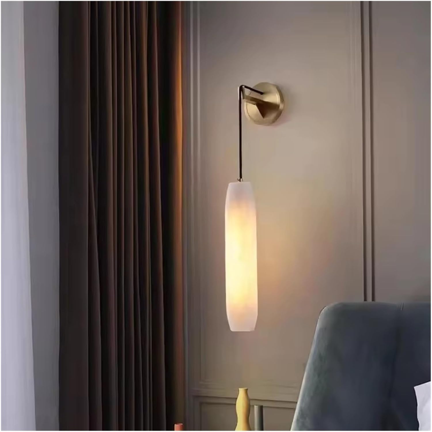 Zylindrische Wandleuchte Aus Naturmarmor Für Wohnzimmer, Schlafzimmer, Flur Oder Treppenhaus, Wandleuchte Mit Kupferdraht, Verstellbar, Inklusive E14-Leuchtmitt,Neutral light-L38xD7cm