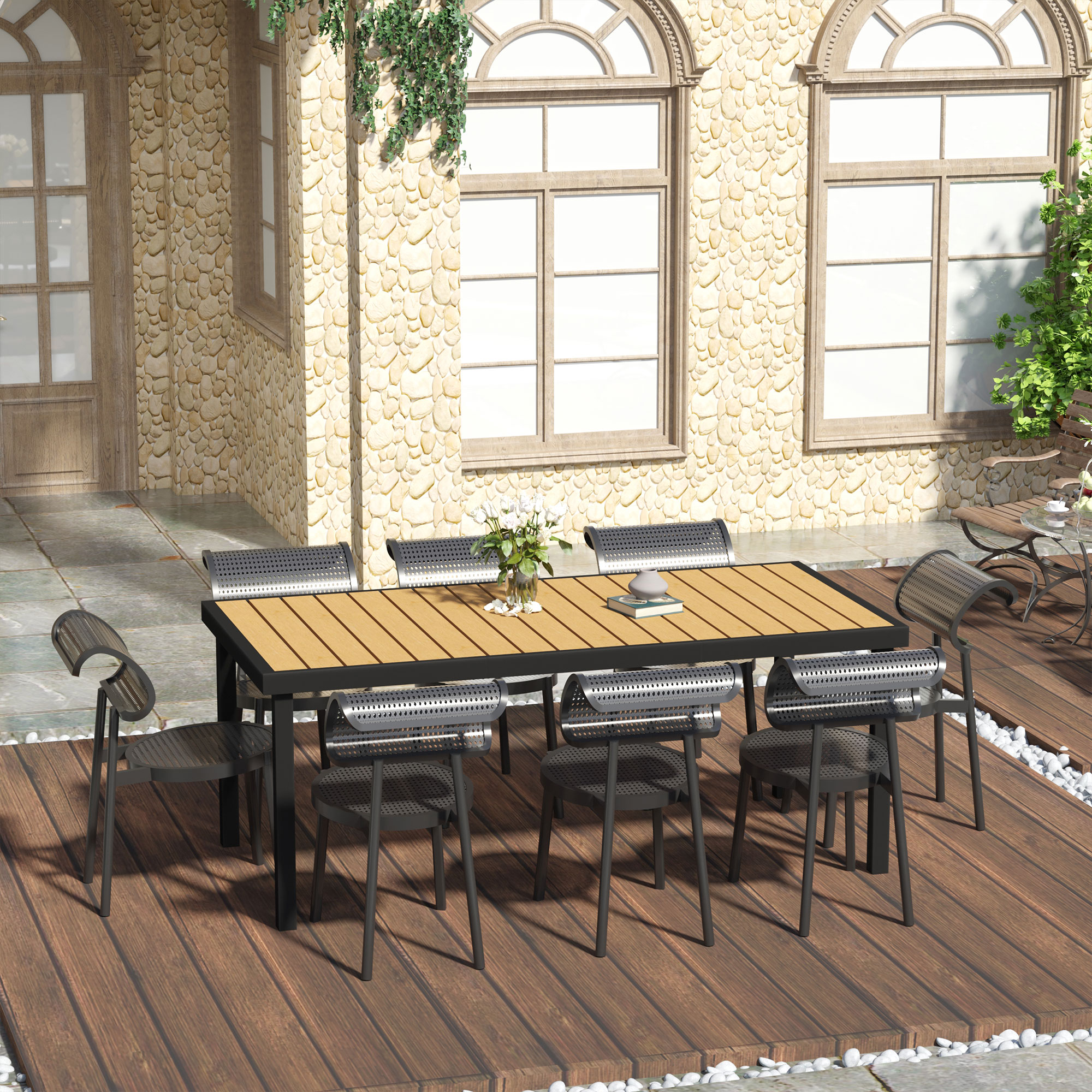 Outsunny Gartentisch für 8 Personen Esstisch Aluminiumtisch Gartenmöbel Loungemöbel pflegeleicht Kunststoff Natur+Schwarz 190 x 90 x 74 cm