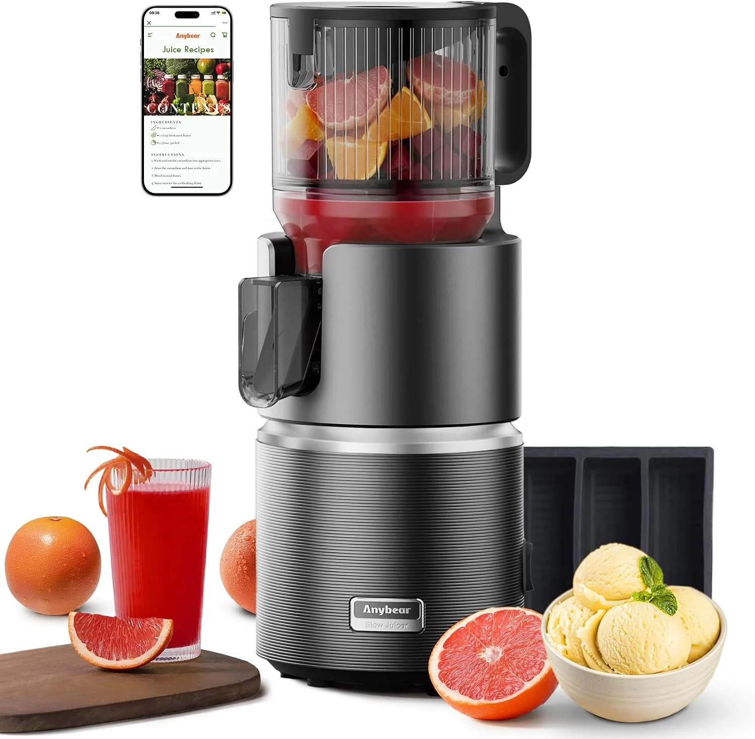 Anybear 350W Entsafter mit 124 mm Einfüllschacht Slow Juicer mit Doppel-Zerkleinerungstechnologie für Ganze Früchte & Gemüse, Hohe Saftausbeute