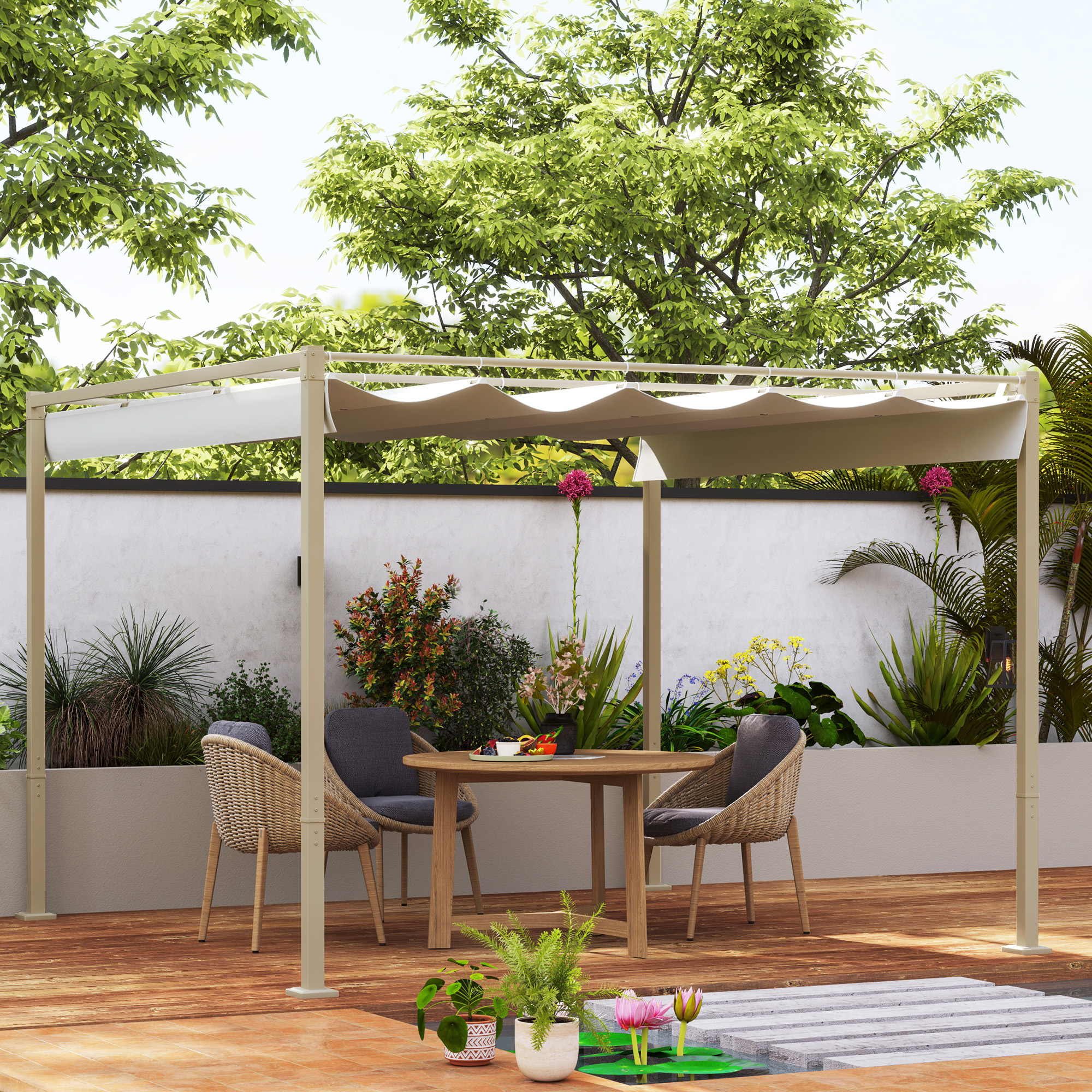 Outsunny Gartenpavillon 3 x 3m mit ausziehbarem Dach und magnetischer Befestigung, Sonnenschutz, UPF30+, Khaki