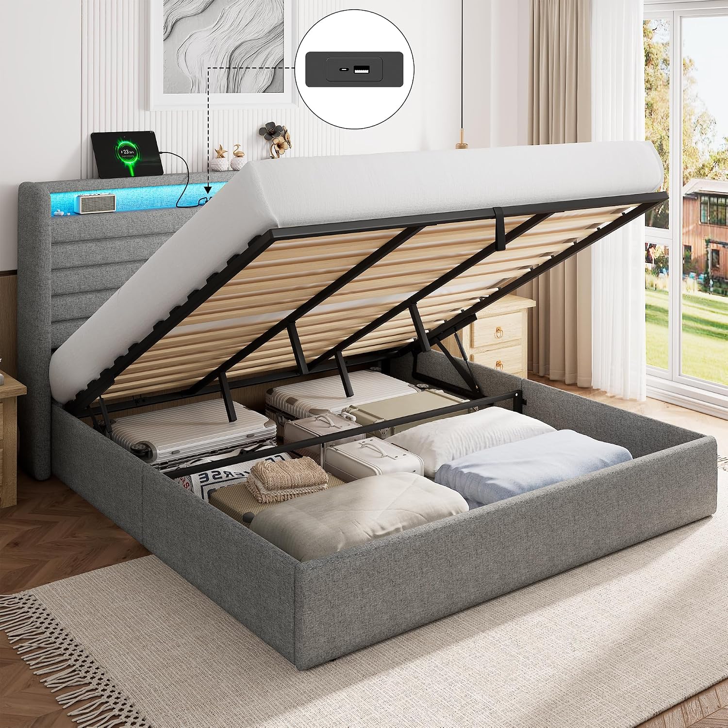 Feonase Bett 180x200 mit Stauraum, Polsterbett 180x200 cm mit LED-Beleuchtung & Ladestation, Ohne Matratze, Lattenrost, Hellgrau