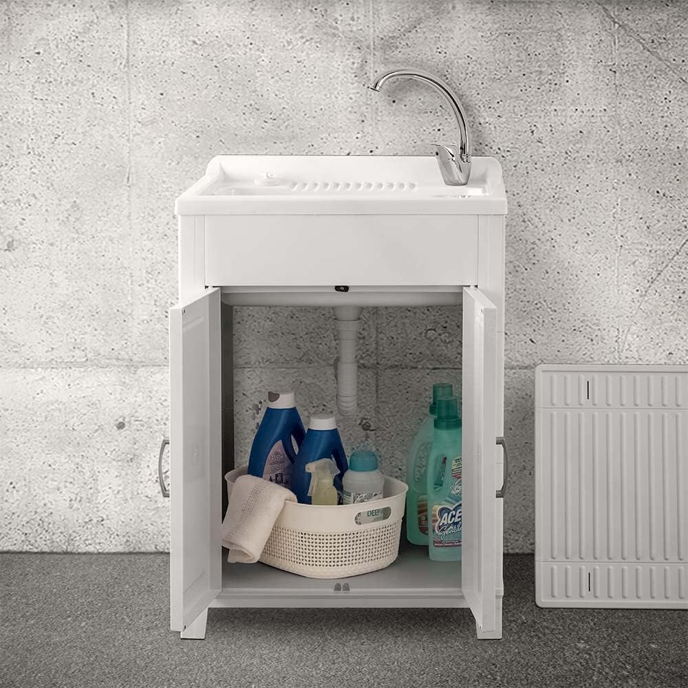 Mobile lavatoio lavanderia 60x50, ideale per esterno e interno, resina PVC bianco in kit di montaggio, INCLUDE asse e kit di scarico (60x50)