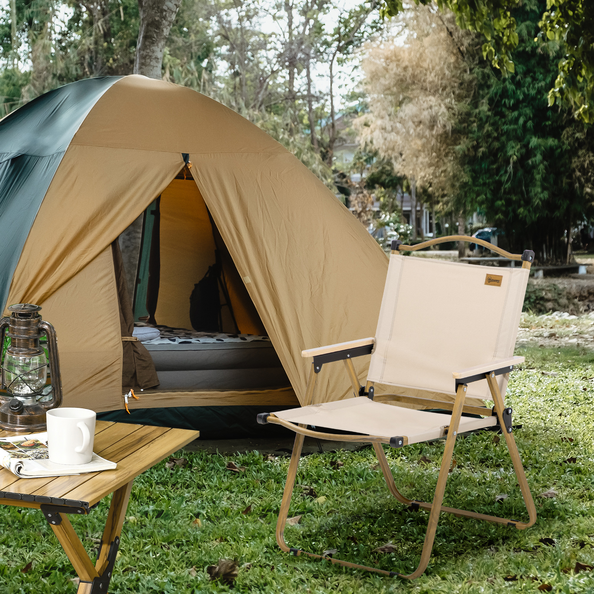 Outsunny Campingstuhl Faltbarer Anglerstuhl mit Armlehnen Oxford-Gewebe und Stahlkonstruktion 54 x 59 x 78 cm Khaki