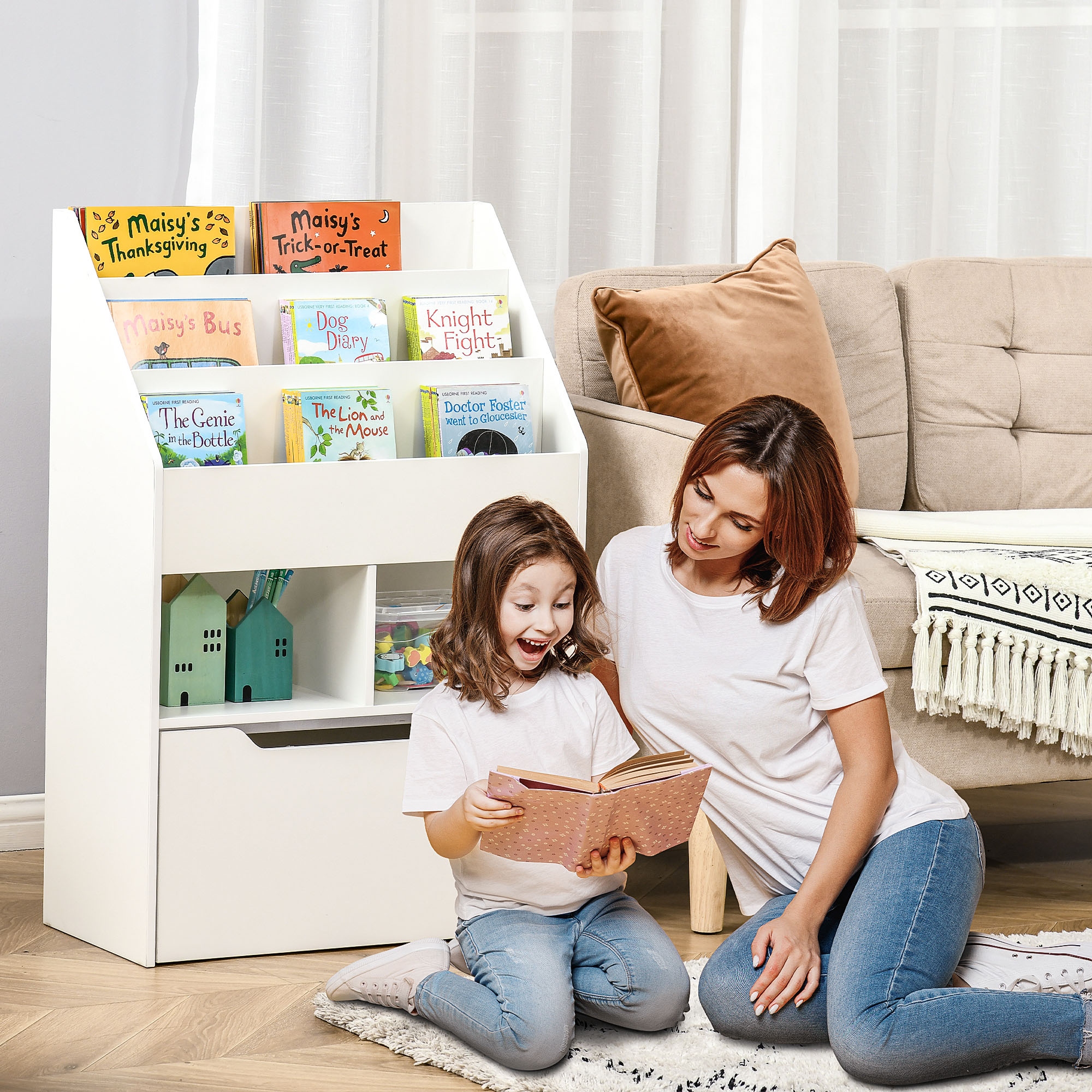 HOMCOM Kinderregal mit Schublade Standregal Bücherregal Dekoregal mit Fächer Weiß 60 x 29,9 x 90 cm