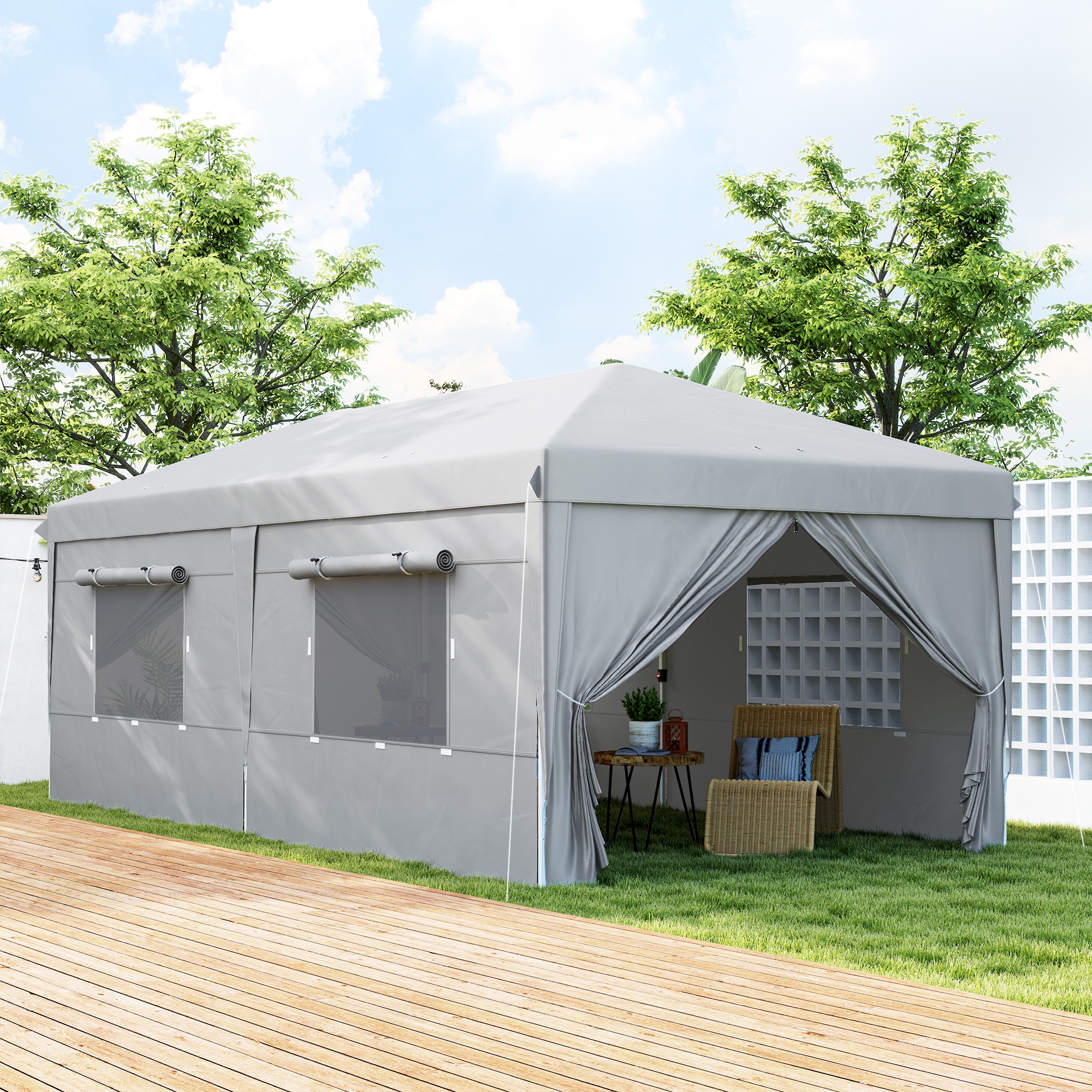 Outsunny 3 x 6 m Pop-up-Pavillon mit Seitenwänden und Tragetasche, UPF50+ höhenverstellbares Gartenzelt, Hellgrau