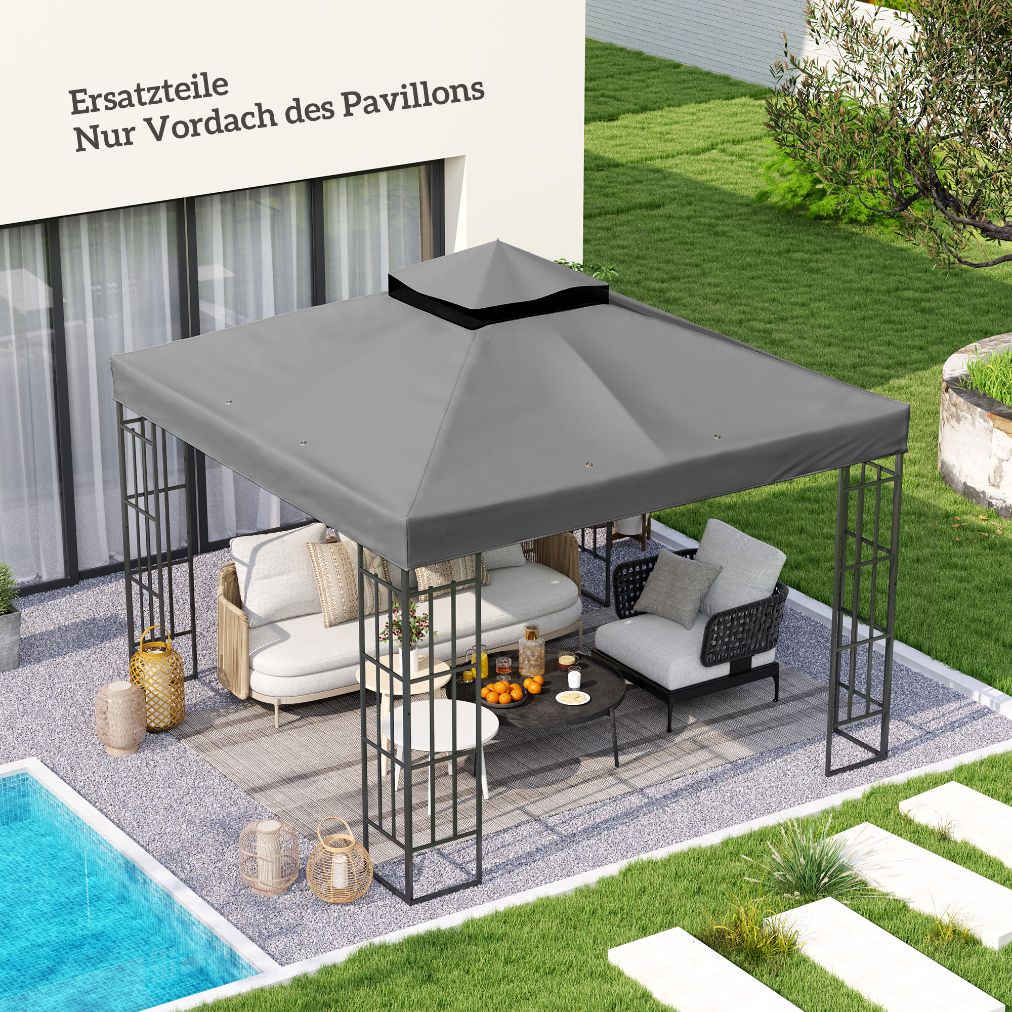 Outsunny 3 x 3 m Ersatzdach für Pavillon, Pavillon-Ersatzplane mit Wasserablauf-Löchern, UPF30+, Sonnenschutz, Dunkelgrau