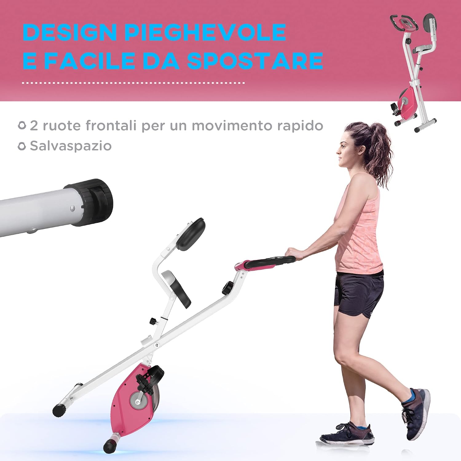 HOMCOM Cyclette Pieghevole da Fitness in Acciaio, Cyclette Magnetica Pieghevole da Casa con Altezza Regolabile, Resistenza Magnetica a 8 Livelli, Schermo LCD, 43x97x109cm