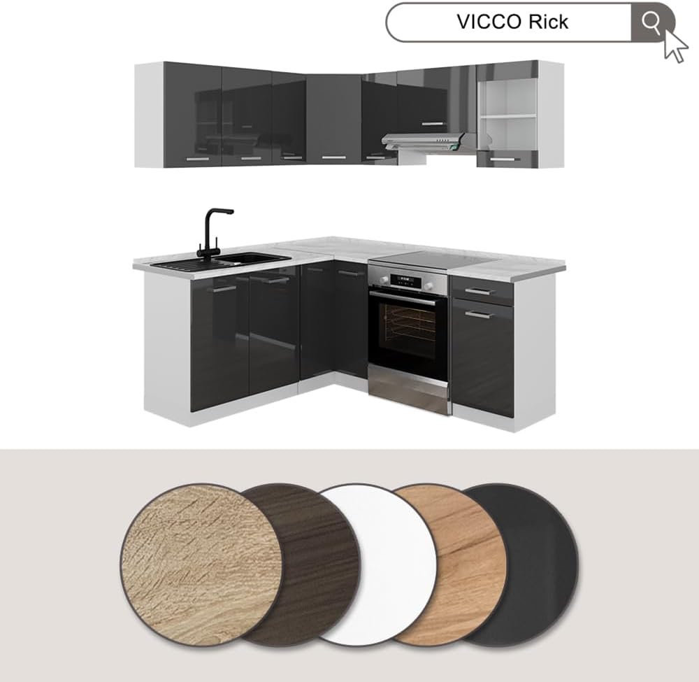 Vicco Cucina angolare completa Rick, Antracite lucido/bianco, 190 x 60 cm, PL Marmo