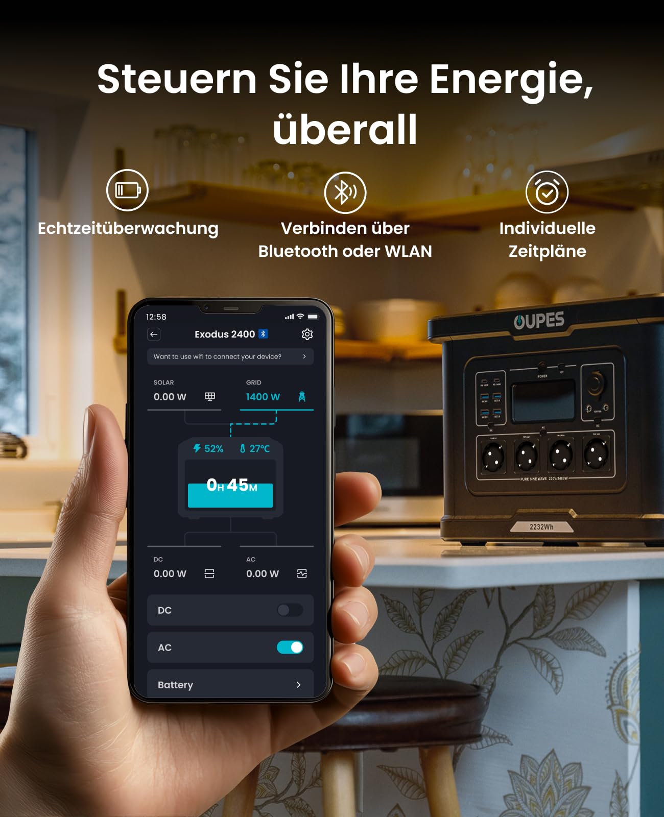 Tragbare Powerstation Exodus 2400 mit 2048Wh LiFePO4-Akku und 2400W Leistung, 230V