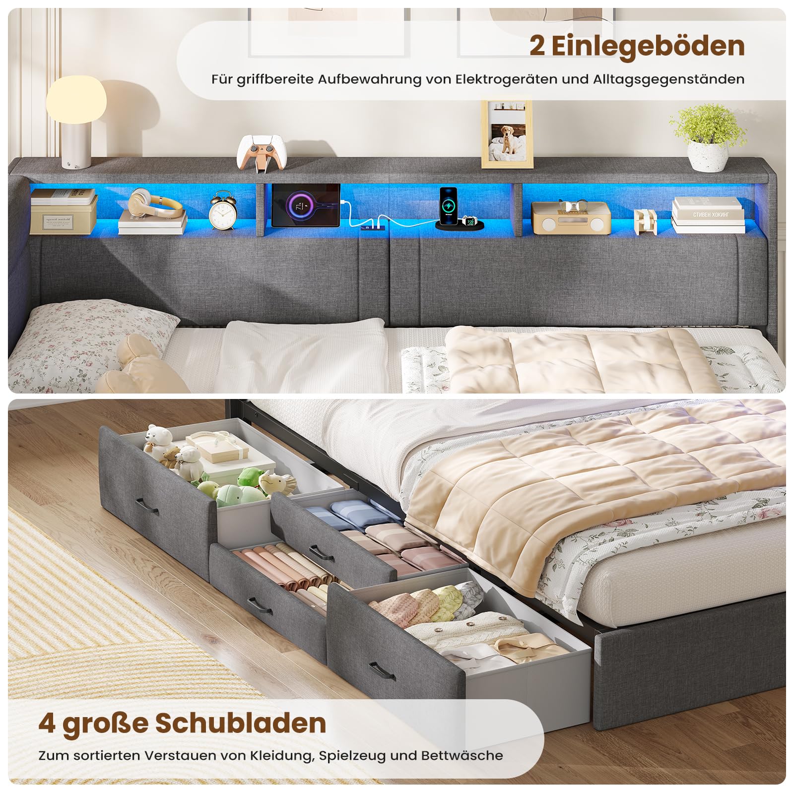 Polsterbett 90x200 cm mit LED-Beleuchtung USB-Ladestationen Stauraum und 4 Schubladen Dunkelgrau