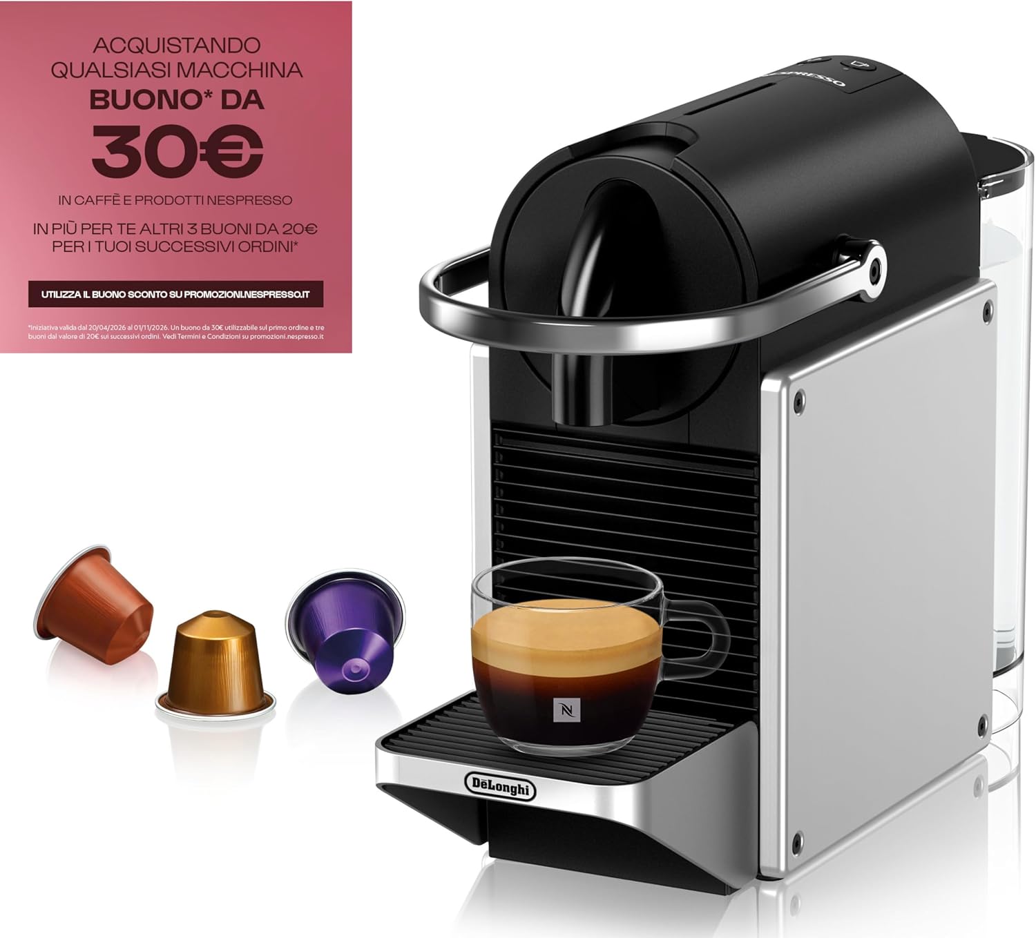 Nespresso De'Longhi Pixie EN127.S, Macchina da Caffè con Sistema Capsule Nespresso, Modalità ECO, Espresso e Caffè Lungo, Design Compatto, Pressione 19 Bar, 1260W, Silver