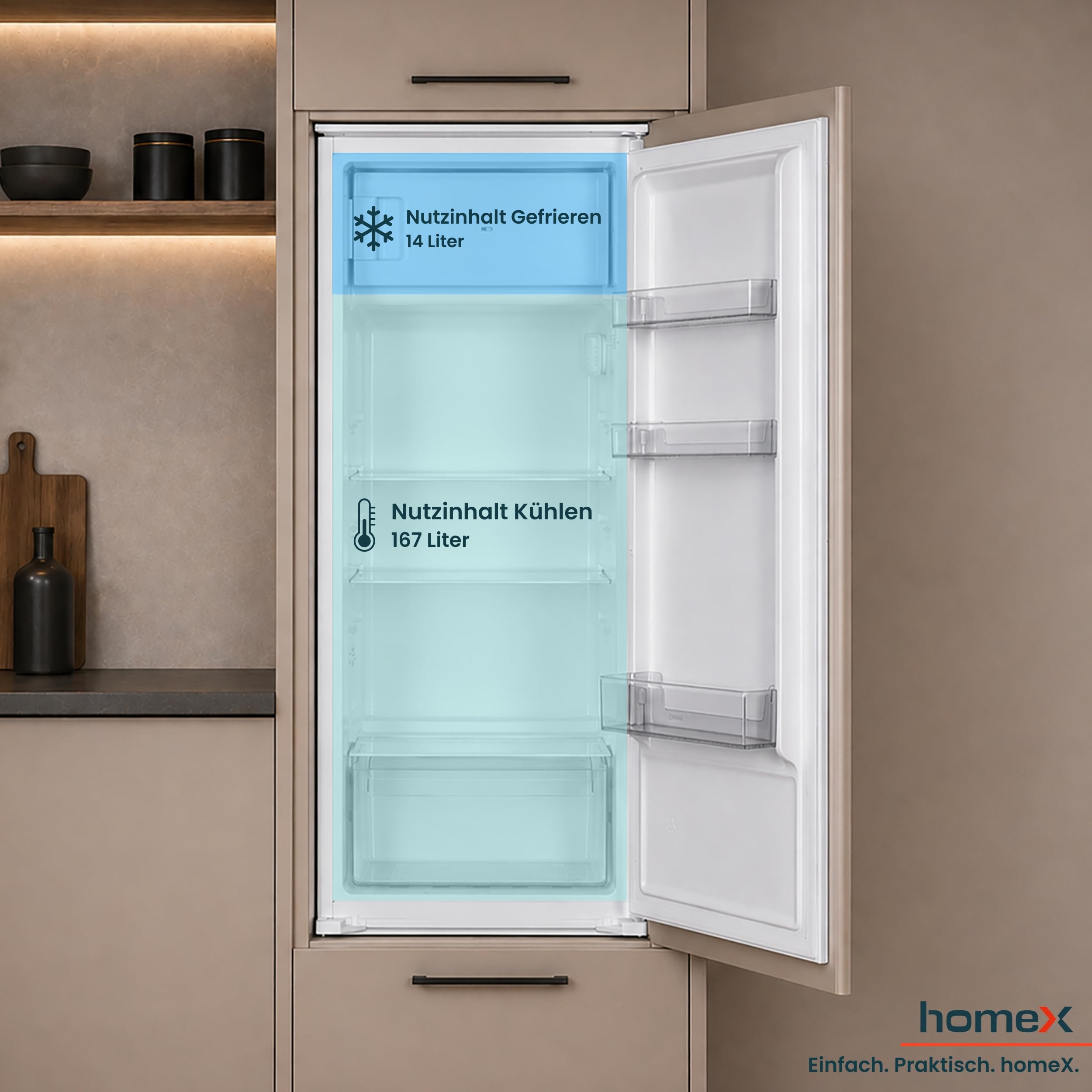 Einbaukühlschrank mit Gefrierfach 181 Liter, 122 cm Nische, 167 L Kühlraum und 14 L Gefrierraum, Schlepptürtechnik
