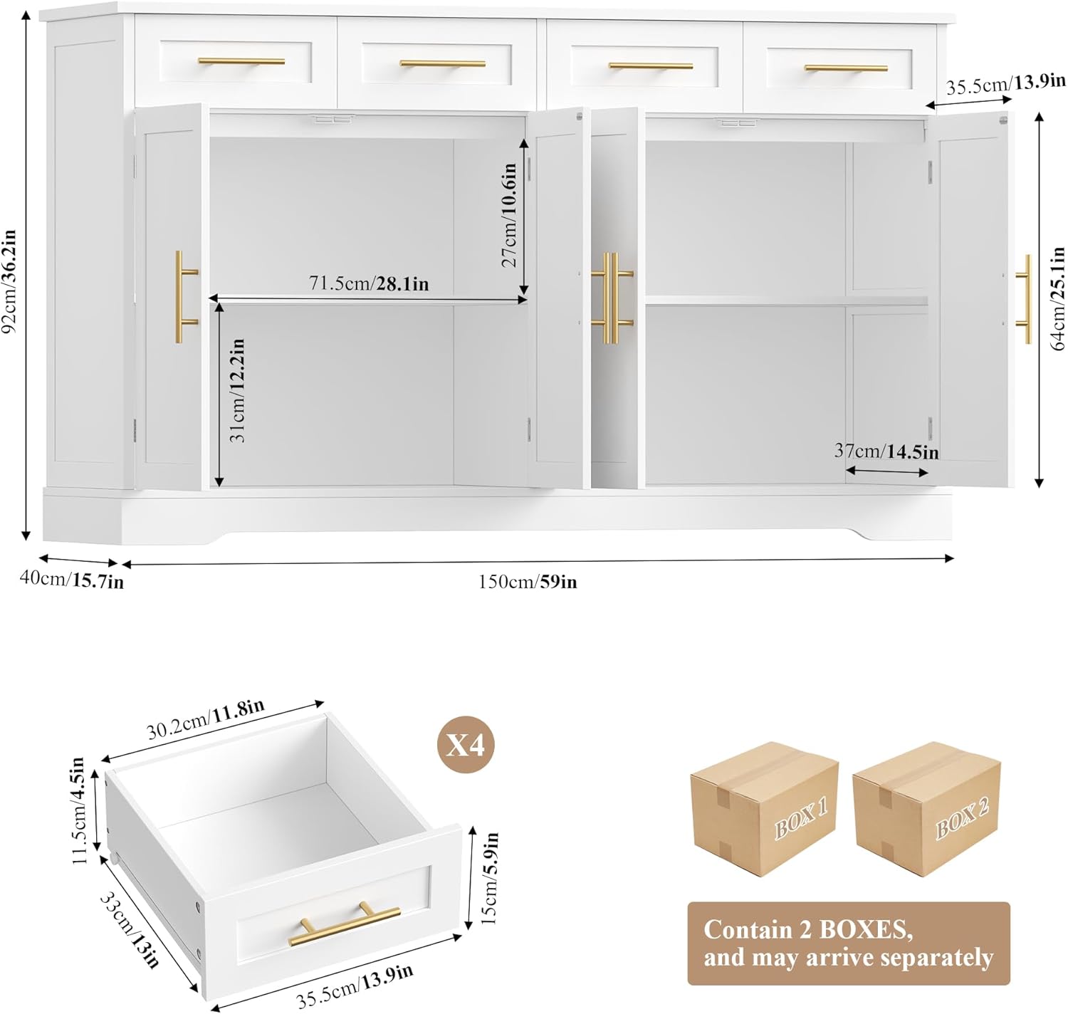 HOCSOK Credenza Cucina, 150 cm Madia Cucina con 4 Cassetti 4 Ante, Credenza Soggiorno con Maniglie in Metallo per Soggiorno, sala da pranzo, Ingresso, Mobile TV, 150×92×40 cm, Bianco