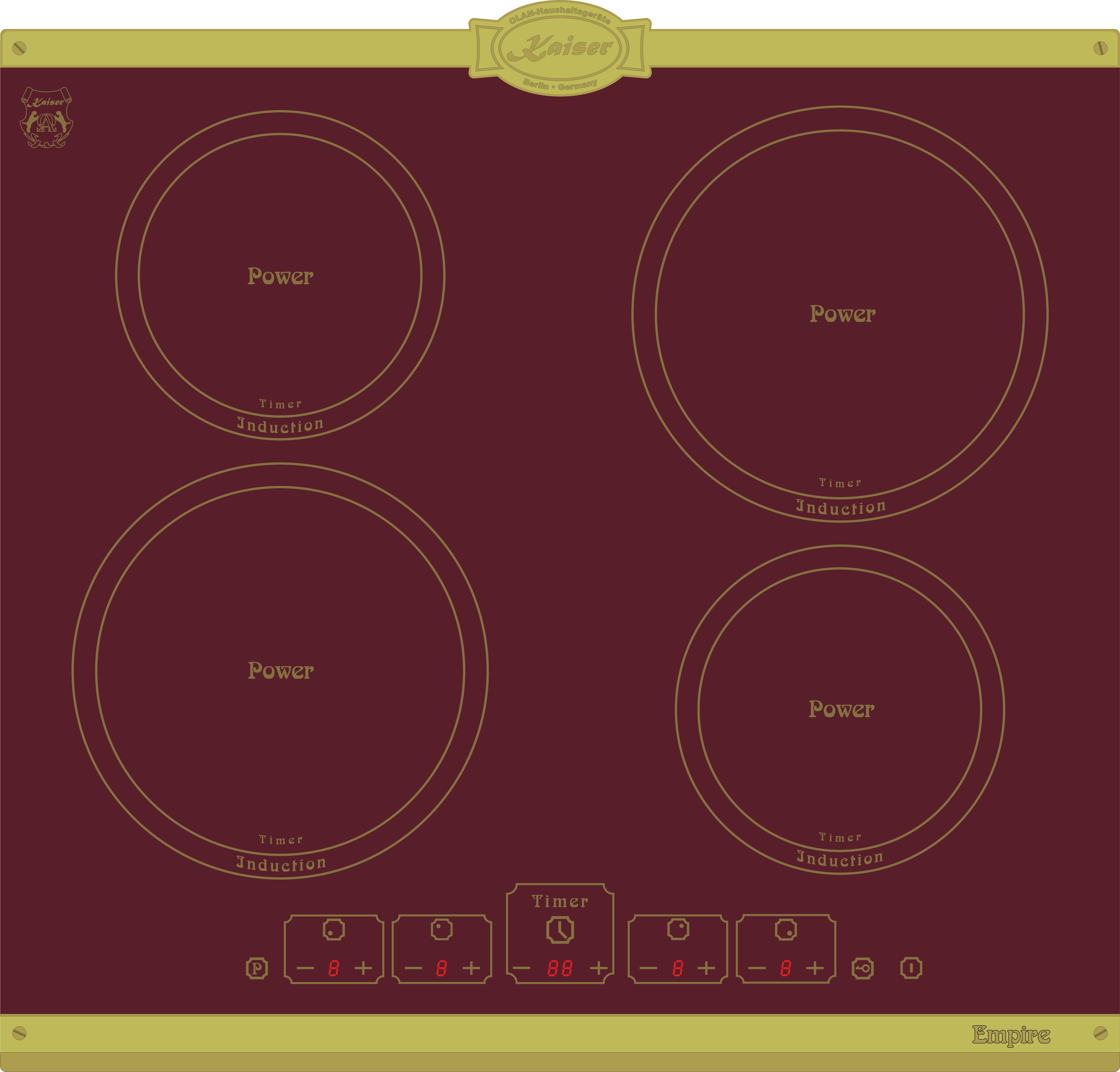 Induktions-Kochfeld Kaiser Empire Kochfeld Induktion KCT 6195 iRotEm Induktionskochfeld 60 cm Autark Bordeaux, 4 Induktions-Kochzonen mit Power-Funktion (Booster), Touch control, Timer