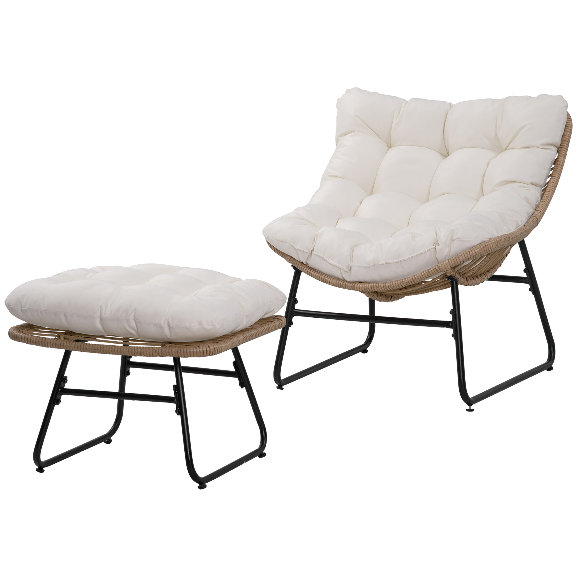 Outsunny Garten-Liegestuhl mit passendem Hocker aus Epoxid-Metall und Polyrattan in Rattan-Optik mit weichen Kissen - Natur