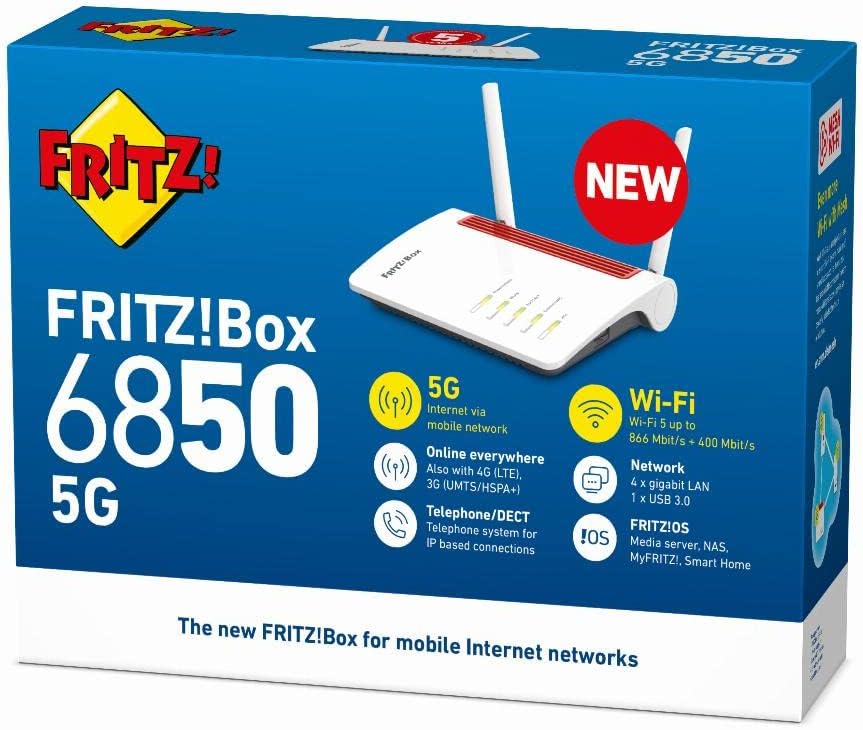 AVM FRITZ!Box 6850 5G Edition International, Modem Router 5G con Wi-Fi Dual Band fino a 1.266 Mbit/s, Mesh, 4x Gigabit Lan, 1x USB 3.0, VoIP, Base Dect, SIM Slot, Interfaccia in Italiano