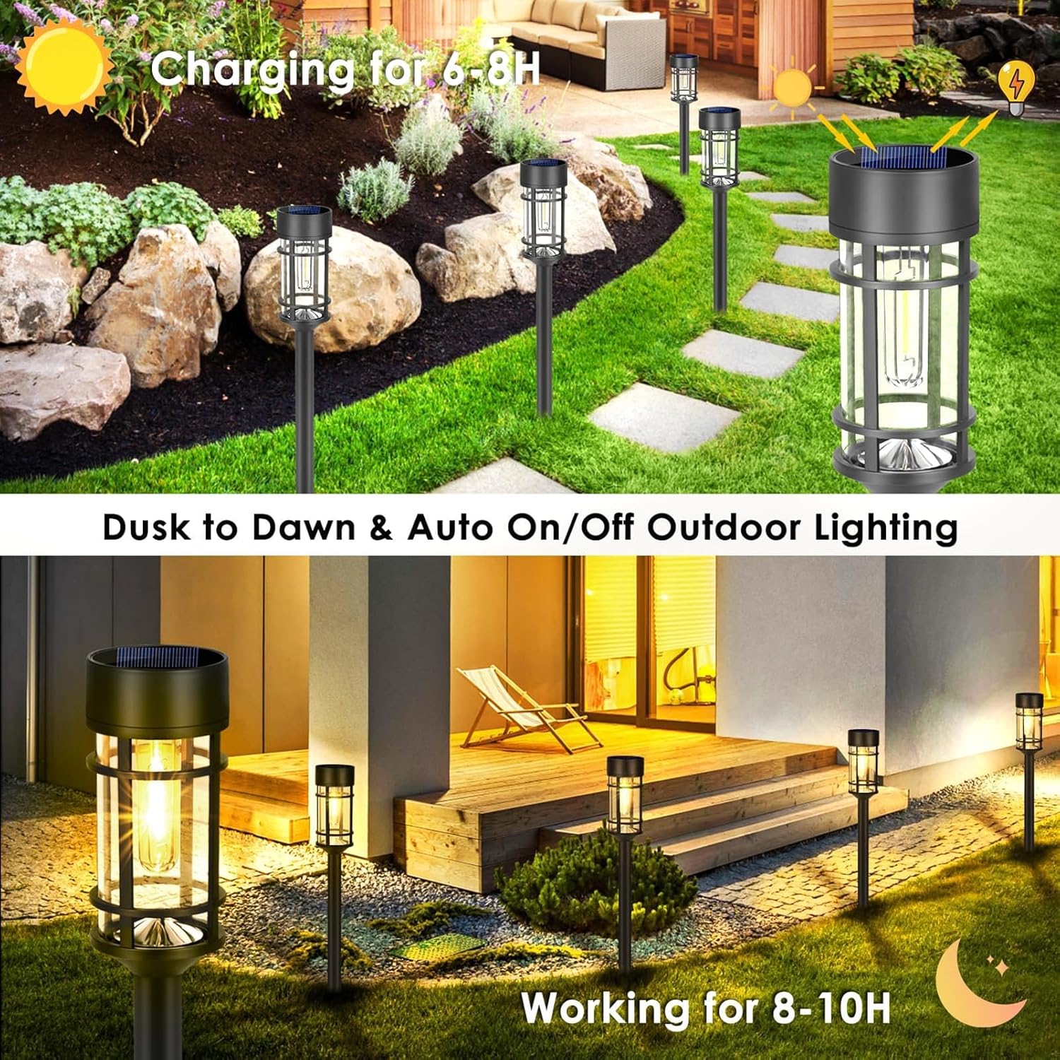 So Gartenpfahl-Lichter, wetterfest, für den Außenbereich, Wegbeleuchtung mit automatischer Nachtaktivierung, keine Kabel erforderlich für einfache Installation, 8 Stück