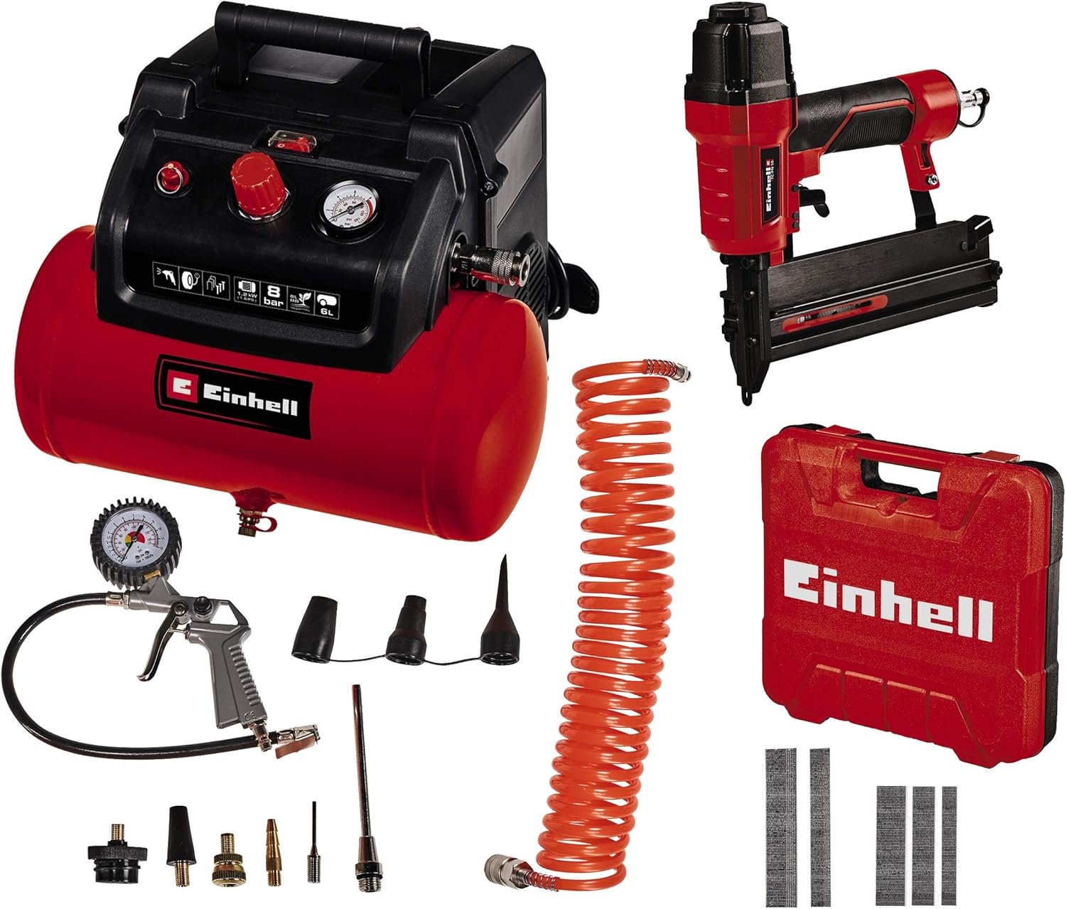 Einhell Kompressor TC-AC 190/6/8 OF Set (8 bar, 6 Liter Drucklufttank, öl-/servicefreier Motor, Druckminderer, inkl. Ausblaspistole, 5m Schlauch + 8 Adapter, inkl. Druckluft-Tacker TC-PN 50)