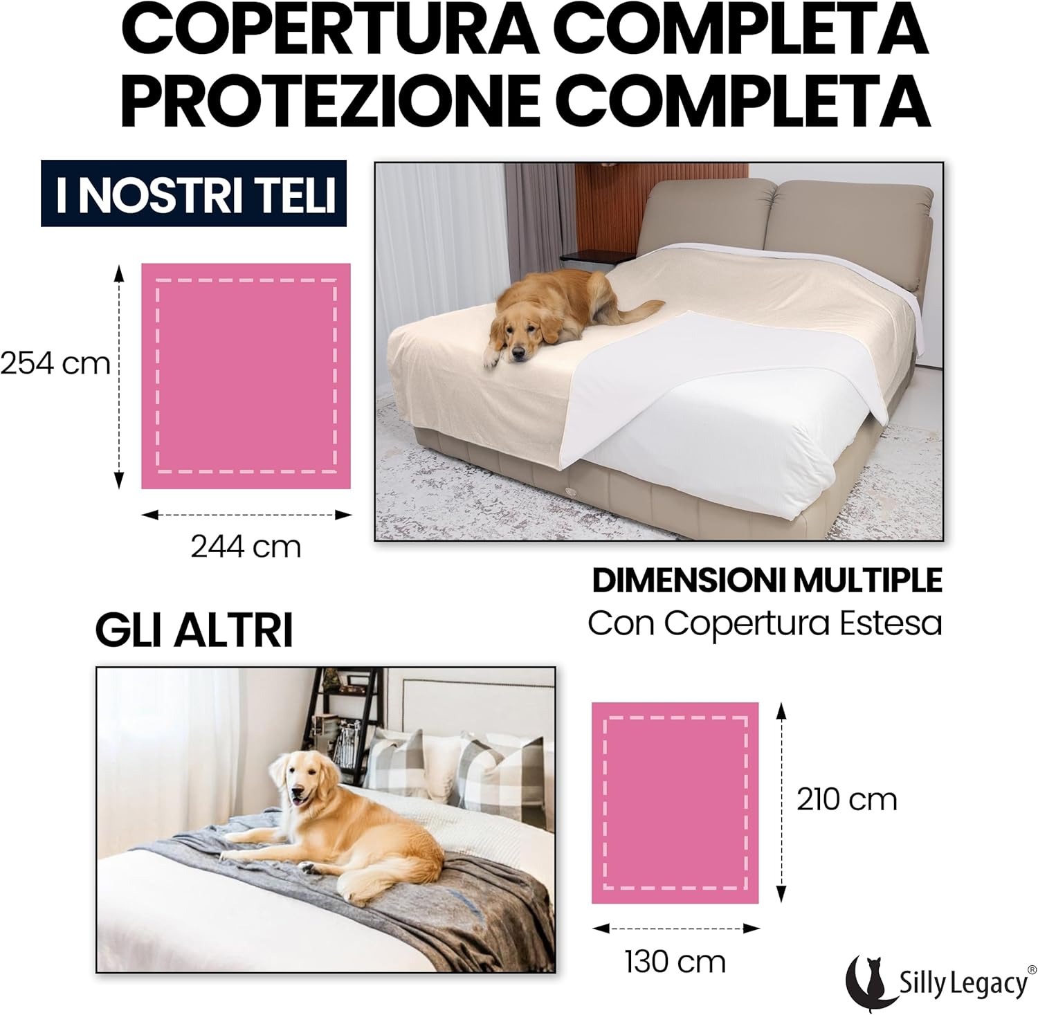SILLY LEGACY Copertura Protettiva Sottile Reversibile Impermeabile (Grigio, Letto Matrimoniale 244 x 208 cm), Fodera per Letto o Divano per Cani e Gatti, incontinenza, urina, peli