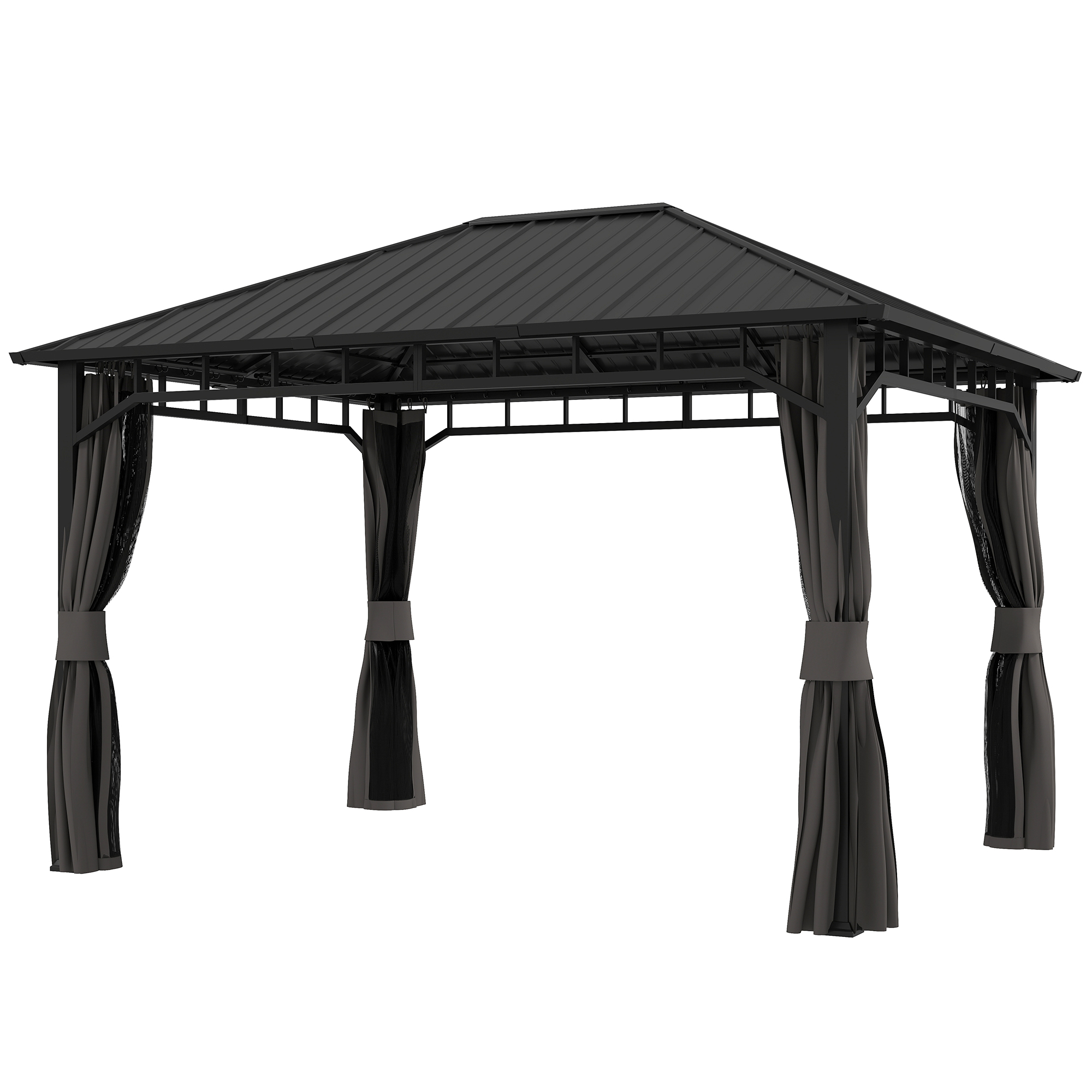 Outsunny Tuinpaviljoen, Metalen Paviljoen, Waterdicht, UV-bestendig, Terraspaviljoen met Netwanden en Gordijnen, Donkergrijs