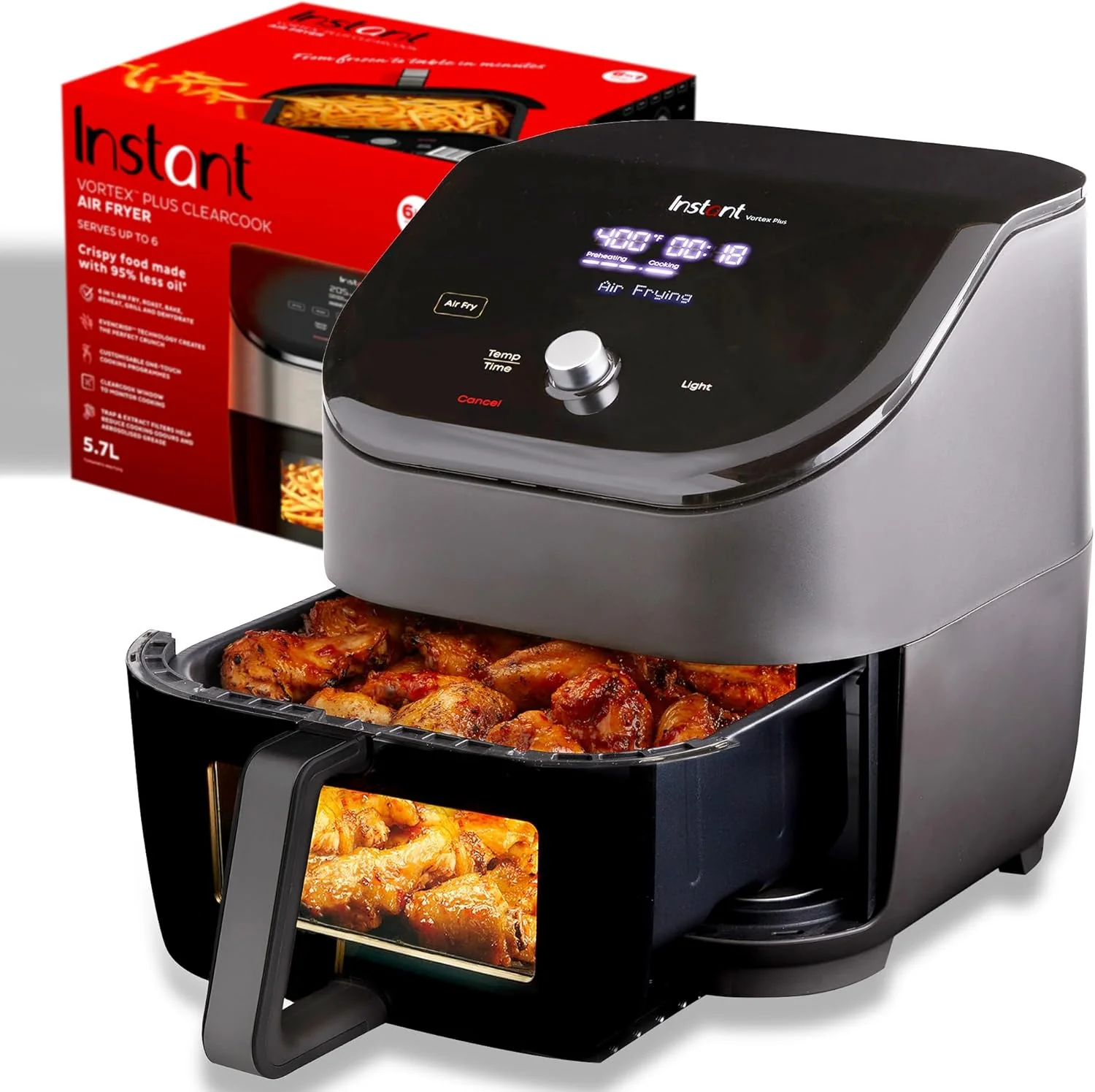 6-liter air fryer, equipped with a clear viewing cooking window, a digital touchscreen, built-in applications (including over 100 recipes), single-bowl design, and a black exterior.