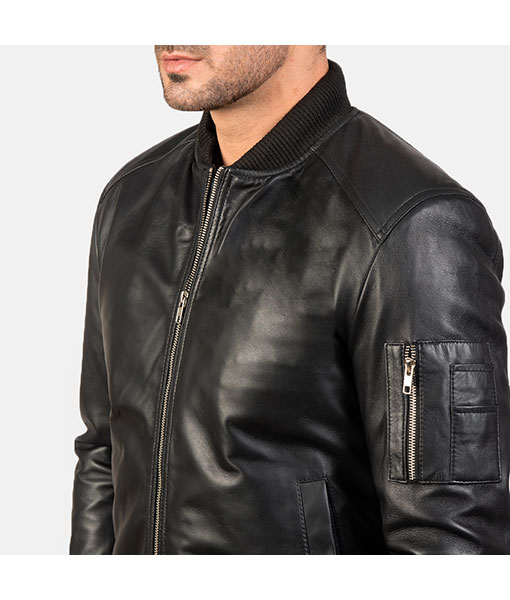 Nathan Black Leather Bomber Jacket