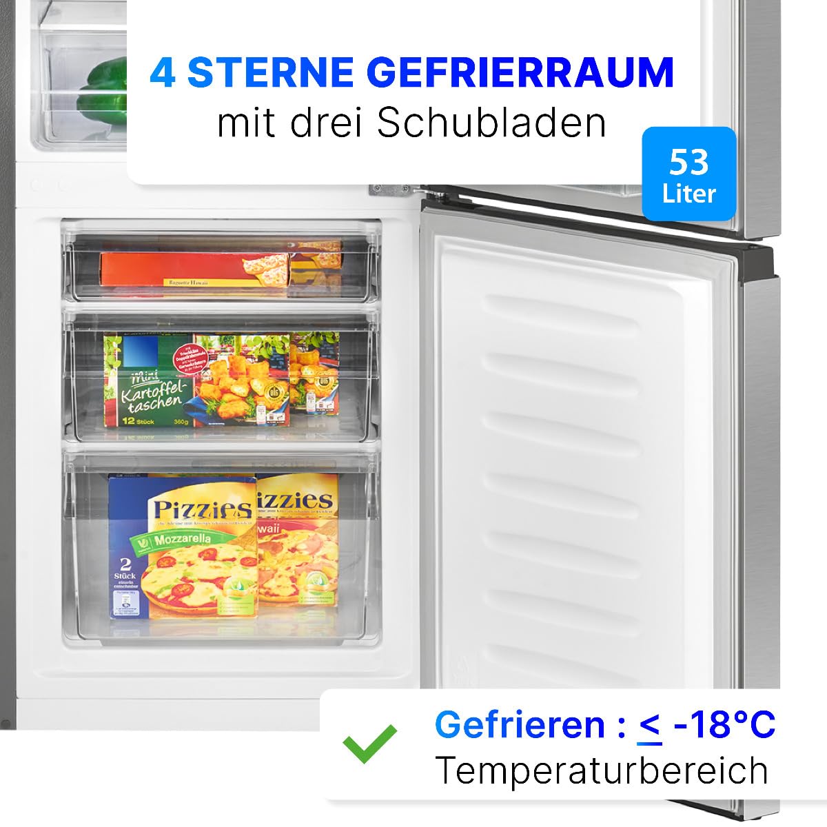 Kühlgefrierkombination KG 322.1 175 Liter Energieeffizienzklasse D 143 cm Inox 3 Glasablagen 3 Gefrierschubladen 39 dB wechselbarer Türanschlag