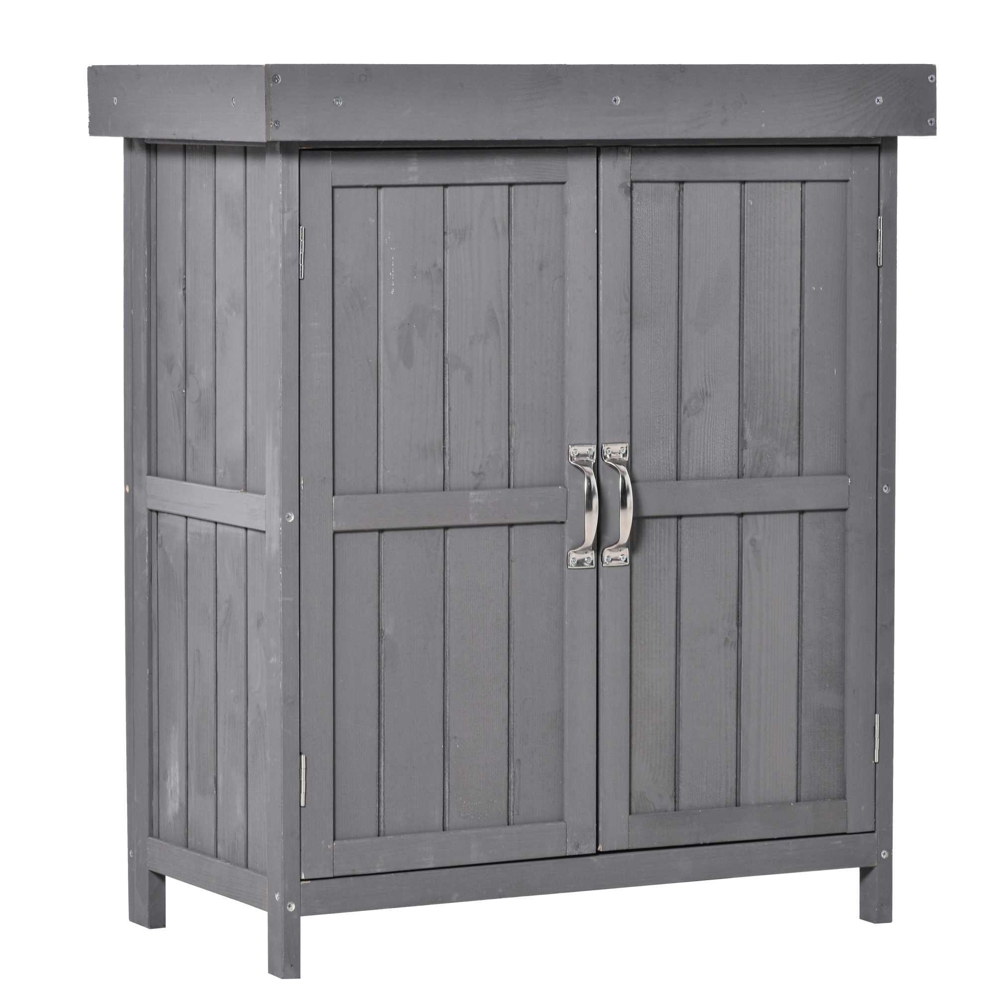Outsunny Geräteschrank, Doppeltür, Klappdeckel, 2 Regalfächer, wetterfest, Naturholz, grau, 74 x 43 x 88cm