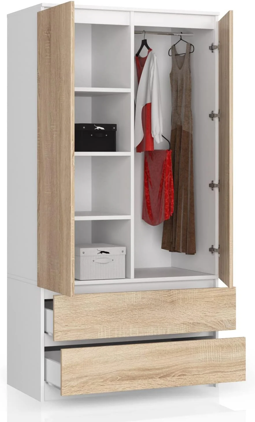 Kleiderschrank BDW, 180x90x51 cm, Weiß/Eiche Sonoma, Kleiderschränk 2 Türen, 4 Einlegeböden, Kleiderständer, 2 Schubladen