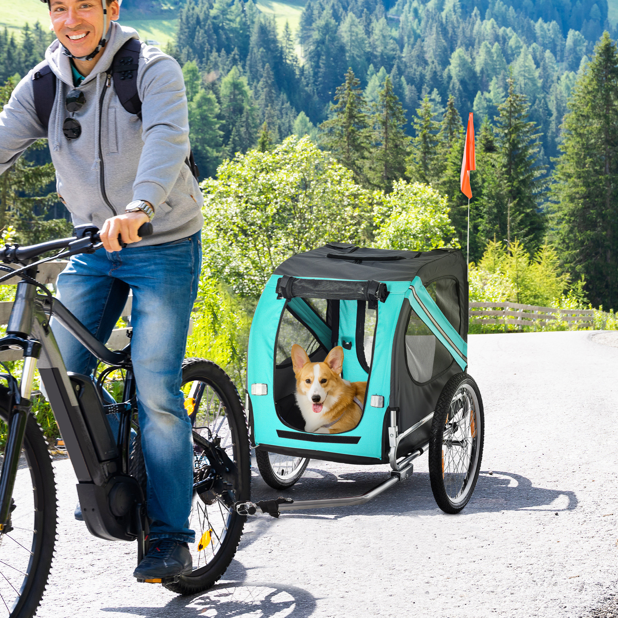 PawHut Haustieranhänger Hundeanhänger Fahrradanhänger bis 20kg klappbar Reflektor Regenschutz Stahl Grau + Grün 130 x 73 x 90cm